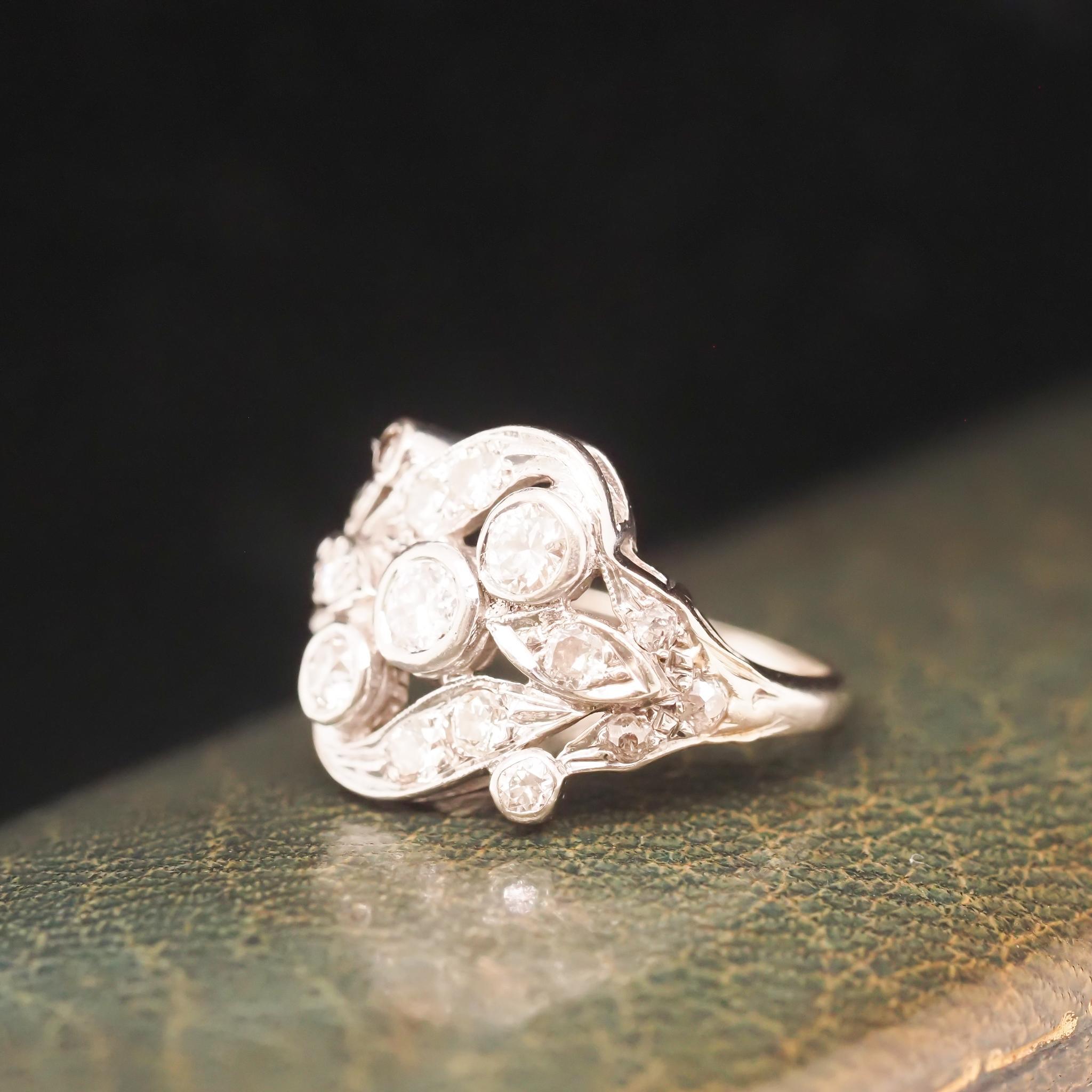 14K White Gold 1940s Old European Diamond Swirl Ring In Good Condition For Sale In Hicksville, NY