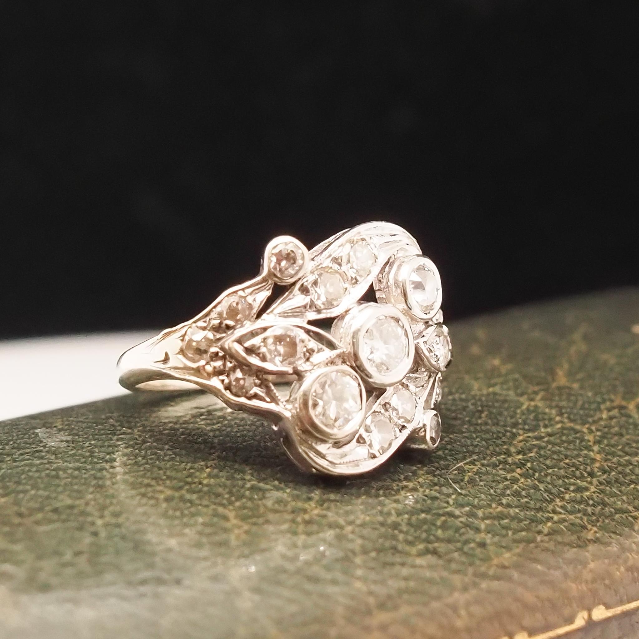 14K White Gold 1940s Old European Diamond Swirl Ring For Sale 1