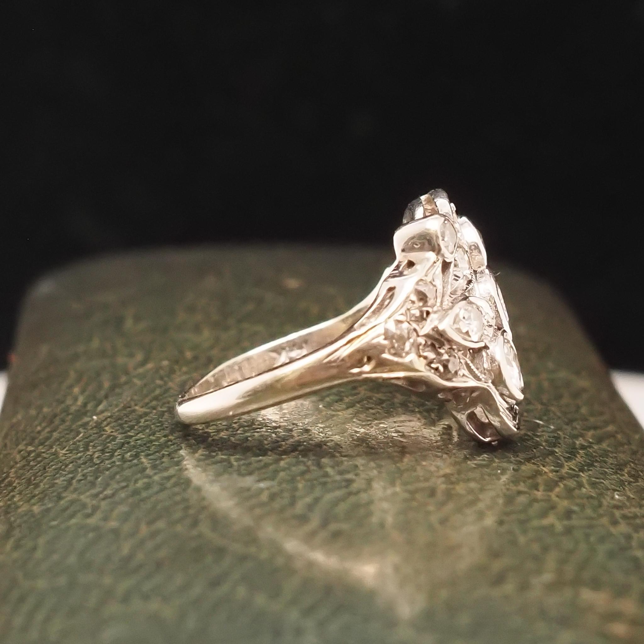 14K White Gold 1940s Old European Diamond Swirl Ring For Sale 2