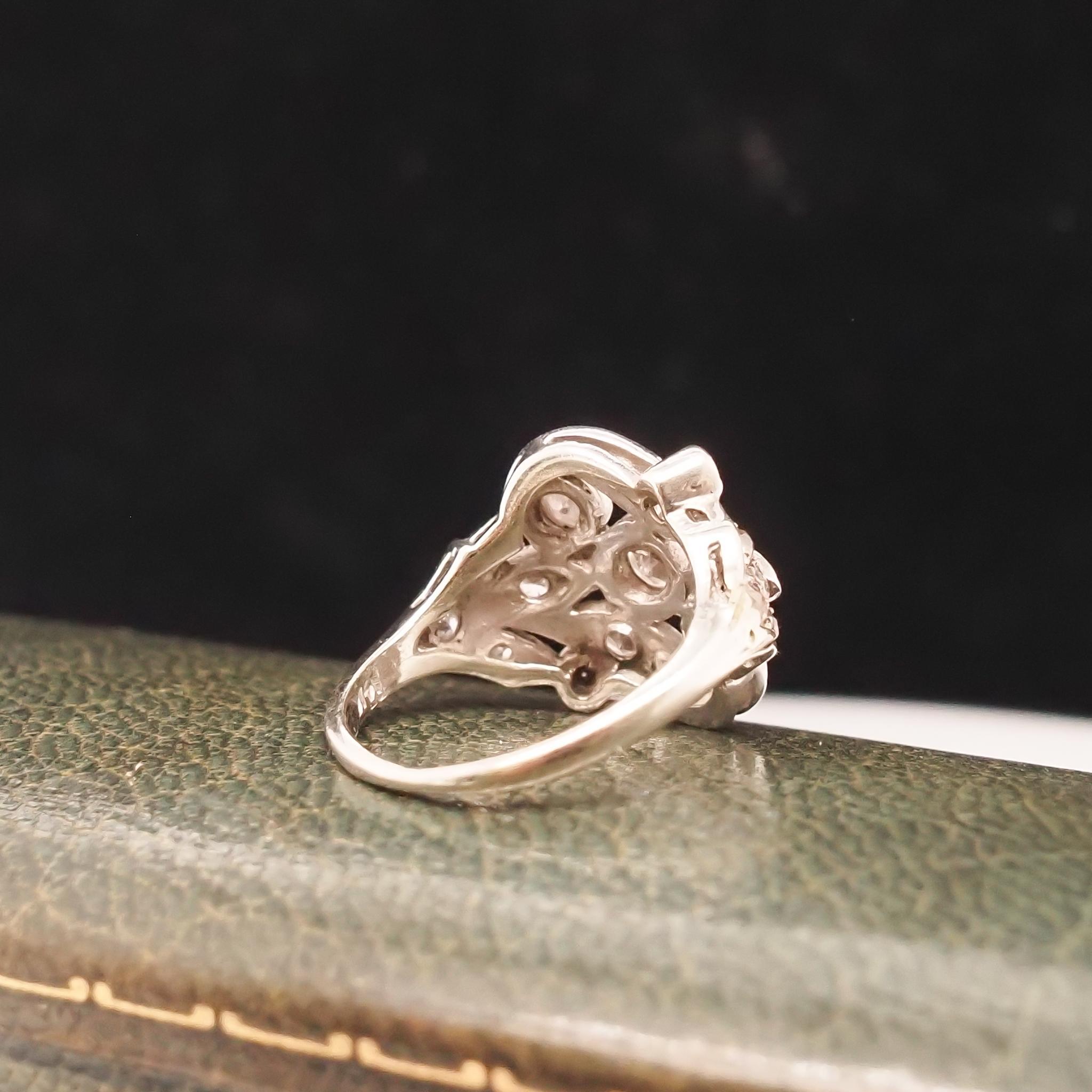 14K White Gold 1940s Old European Diamond Swirl Ring For Sale 3