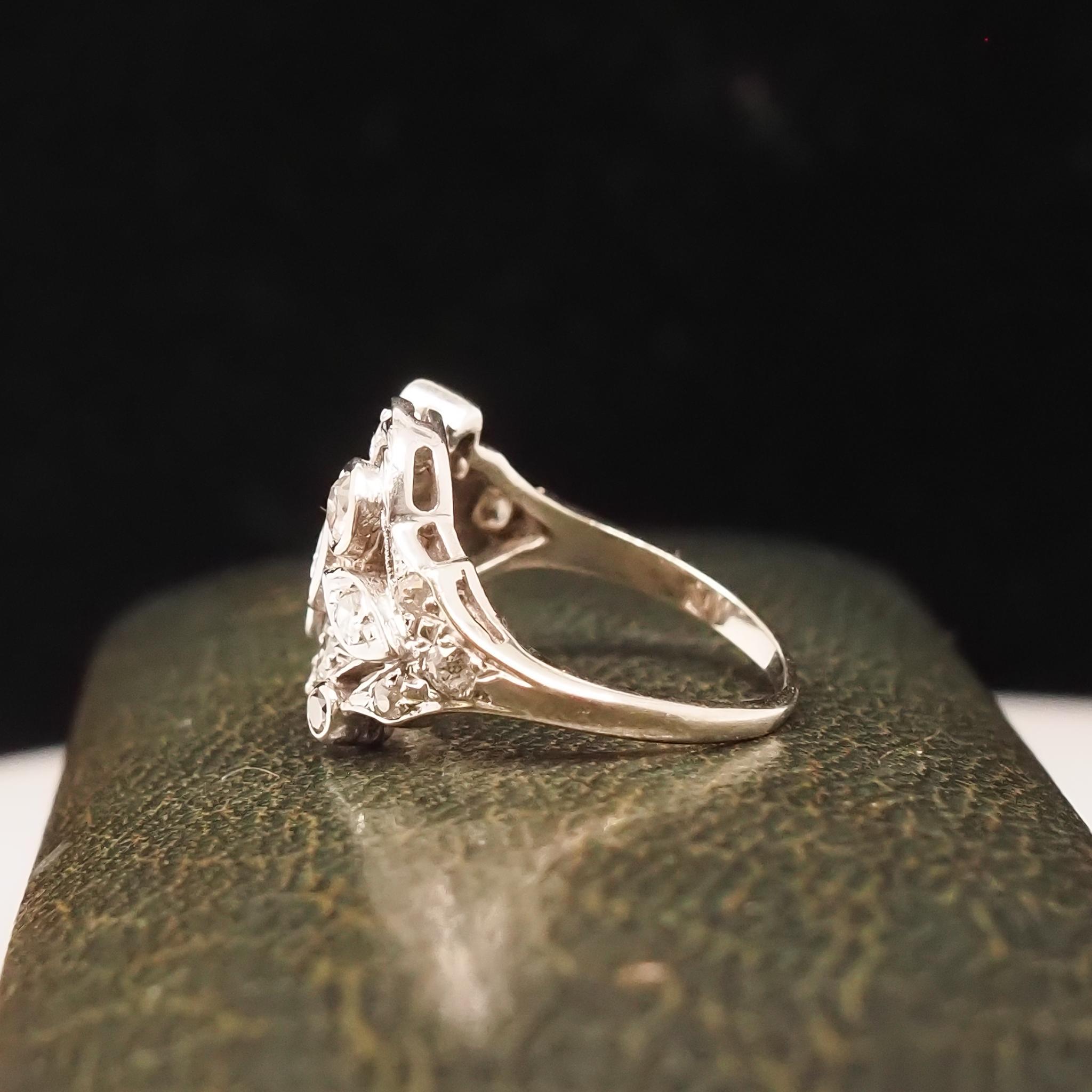 14K White Gold 1940s Old European Diamond Swirl Ring For Sale 4