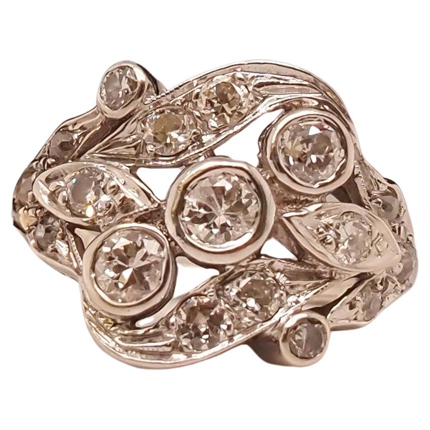 14K White Gold 1940s Old European Diamond Swirl Ring For Sale