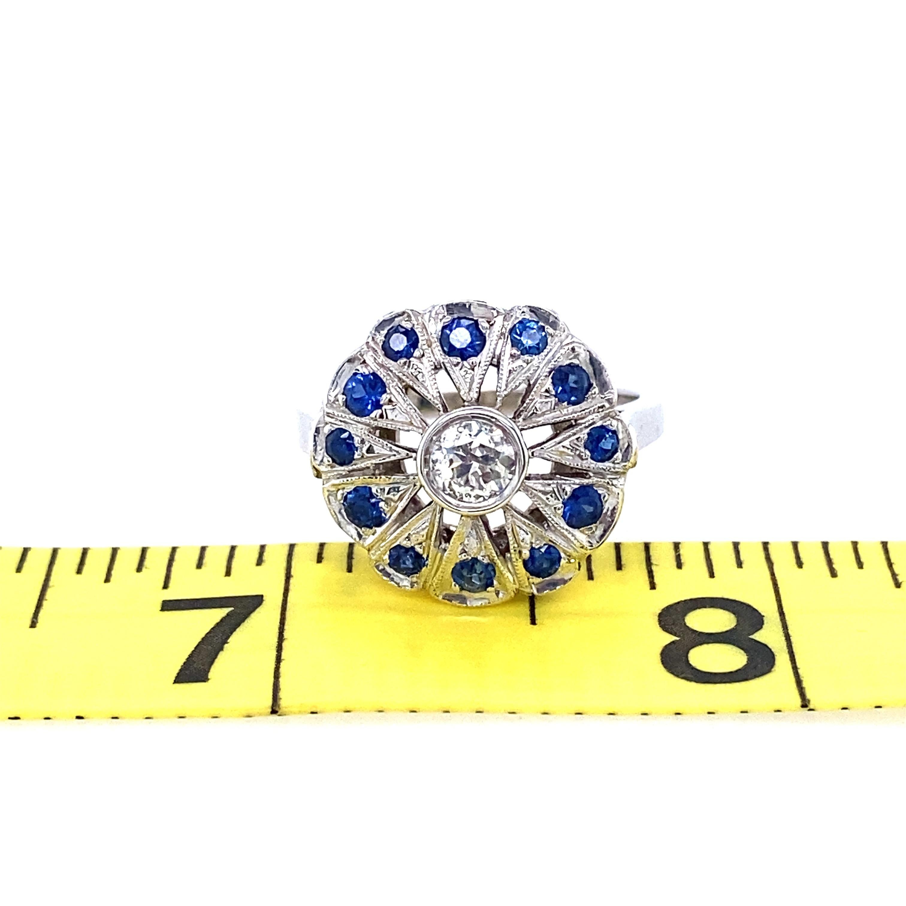 14K White Gold 1950s Old European Cut Diamond and Synthetic Sapphire Ring 1