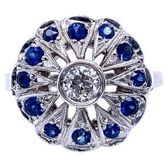 14K White Gold 1950s Old European Cut Diamond and Synthetic Sapphire Ring