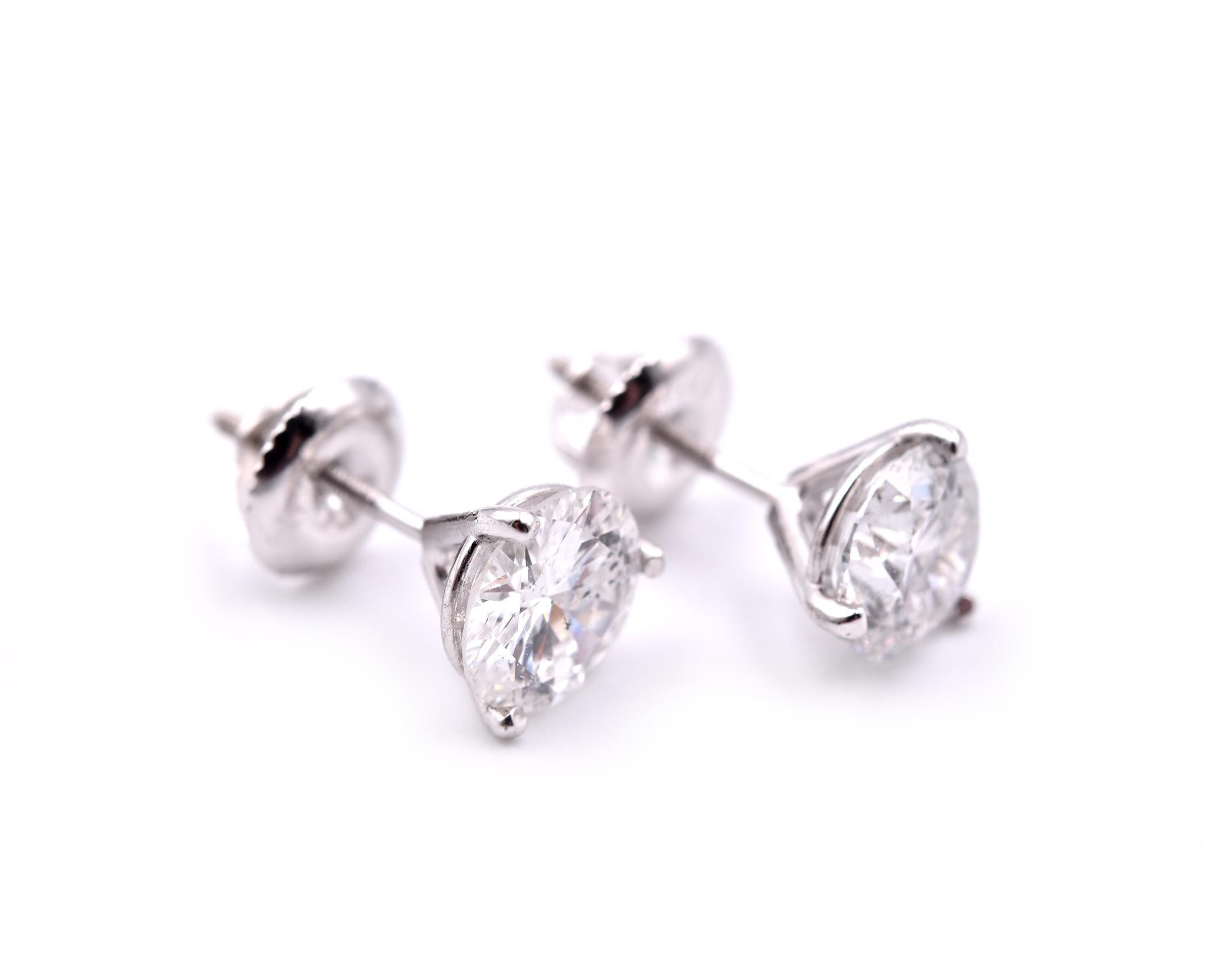 Round Cut 14 Karat White Gold 1.97 Carat Diamond Stud Earrings