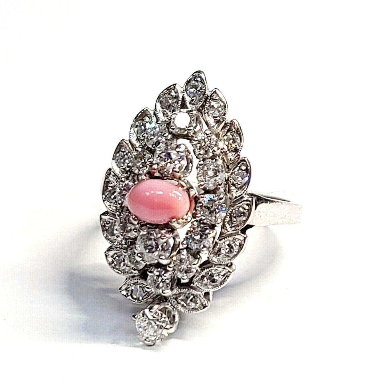 14K White Gold 1.9ctw Old Mine Diamond & Salmon Pink Conch Pearl Ring For Sale 1