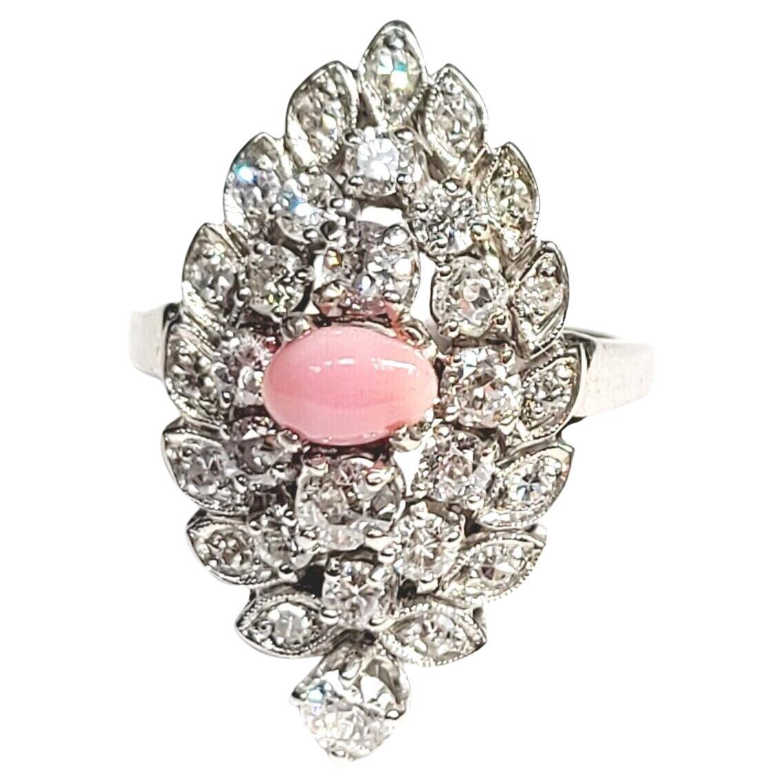 14K White Gold 1.9ctw Old Mine Diamond & Salmon Pink Conch Pearl Ring For Sale