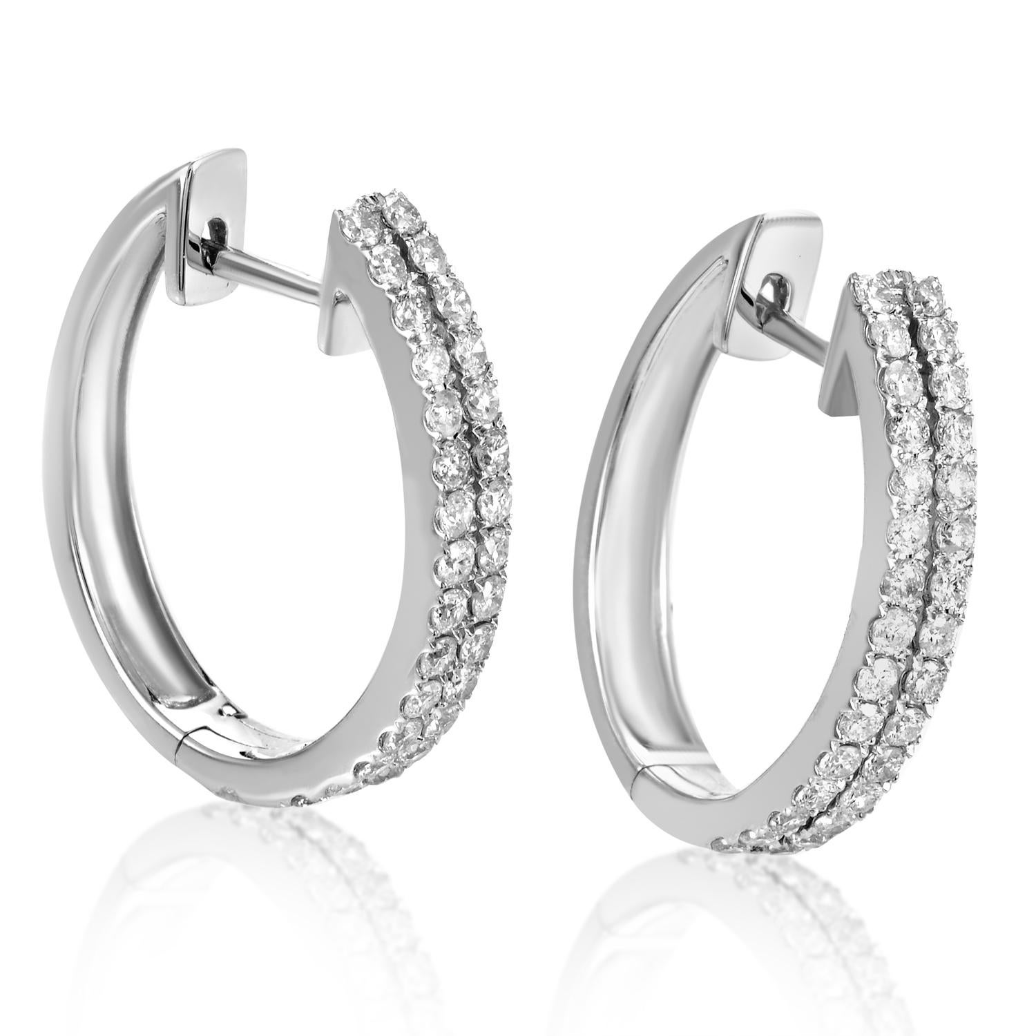 14 Karat White Gold, 1 Carat 2-Row Diamond Hoop Earrings In New Condition For Sale In Southampton, PA