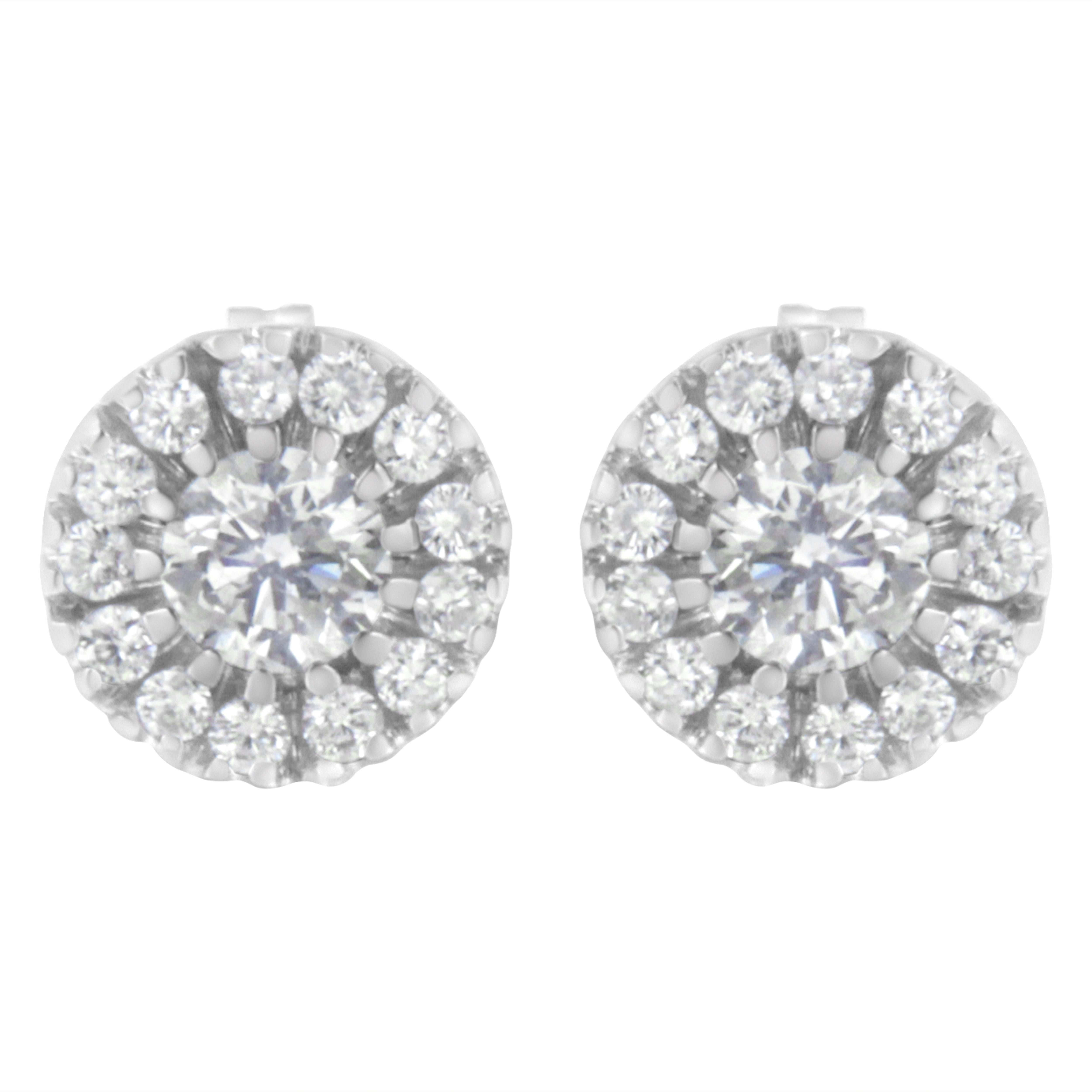 Modern 14k White Gold 1 Carat Diamond Halo Stud Earrings For Sale
