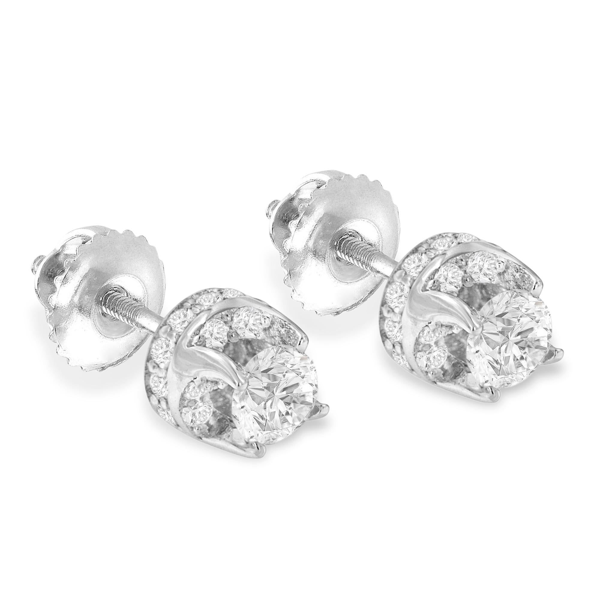 Moderne Clous d'oreilles en or blanc 14 carats avec diamants ronds brillants de 1 carat en vente
