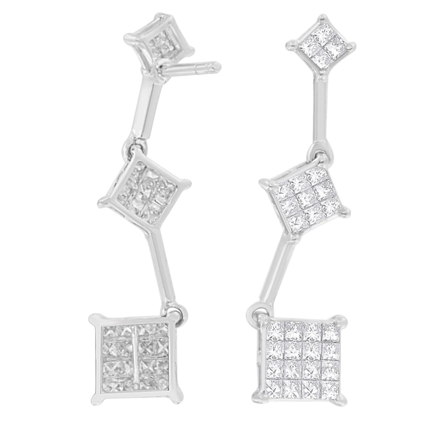 Complete her charming look with these adorable yet sophisticated diamond earrings. Designed in a modern style, the beautiful earrings features a trio of three square-shaped accents and composed of rich 14 karats white gold. Each of the earrings