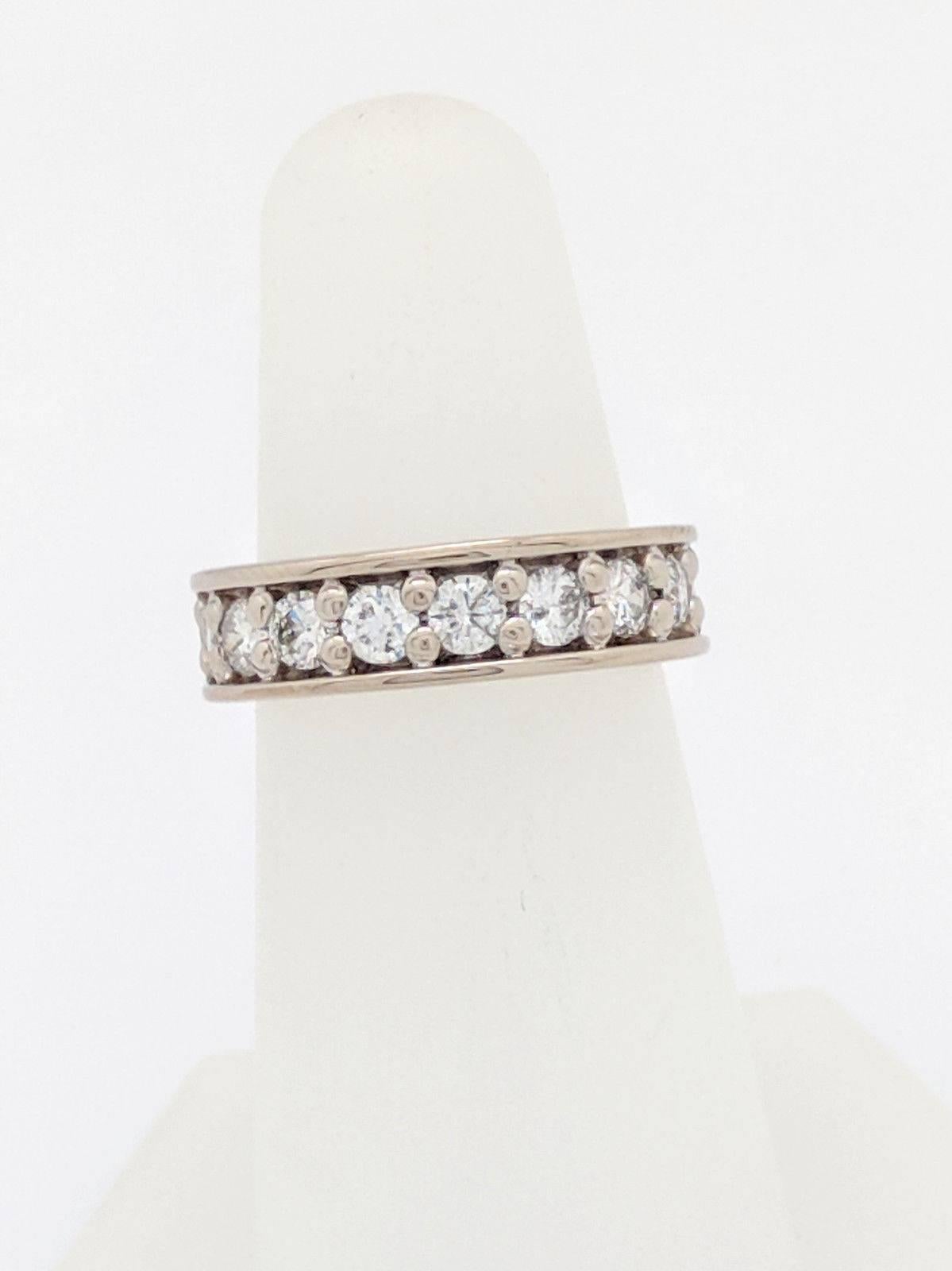 Ladies 14K White Gold 1ctw Prong Set Diamond Wedding Band Ring Size 5.5

You are viewing a beautiful prong set diamond wedding band. This band is crafted from 14K white gold and weighs 4.5 grams. This ring features (9) natural round brilliant cut