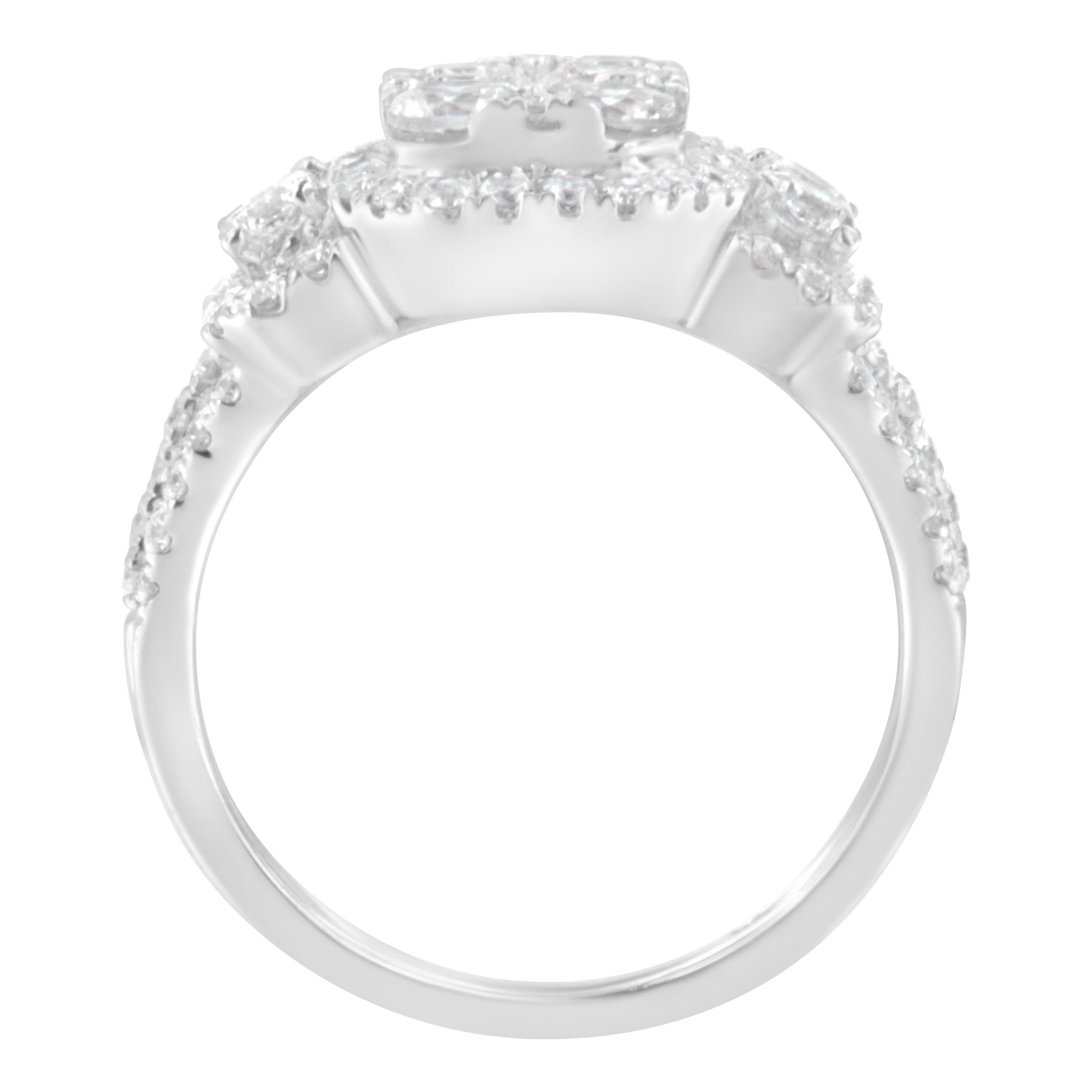Feel like a beauty queen by wearing this glimmering and highly wonderful diamond ring. Fashioned in 14k white gold, this fashion rings is framed to prong setting of sparkling round-cut diamonds. Making your lady love happy will become easier with