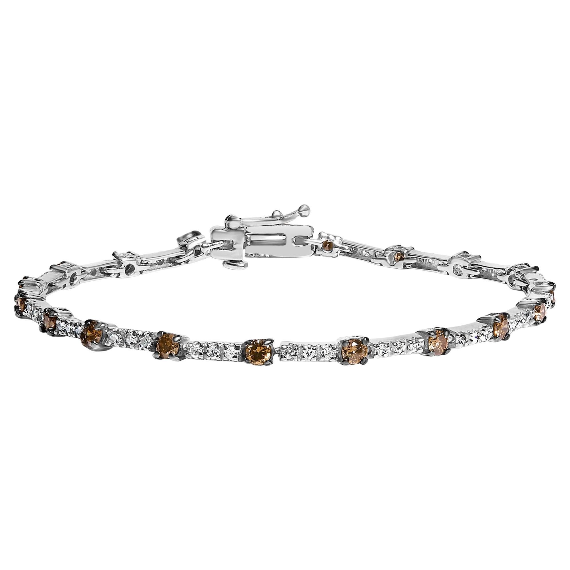 14k White Gold 2 1/4 Cttw Champagne Diamond Bar Link 7" Bracelet For Sale