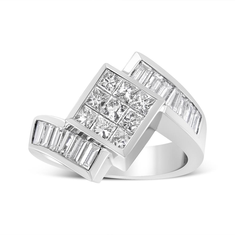 This bypass twist ring is a stunning piece crafted from genuine 14k white gold and features a cluster of Princess-cut center stones that point north to south, taking after the silhouette of a kite, while their invisible settings enhance the