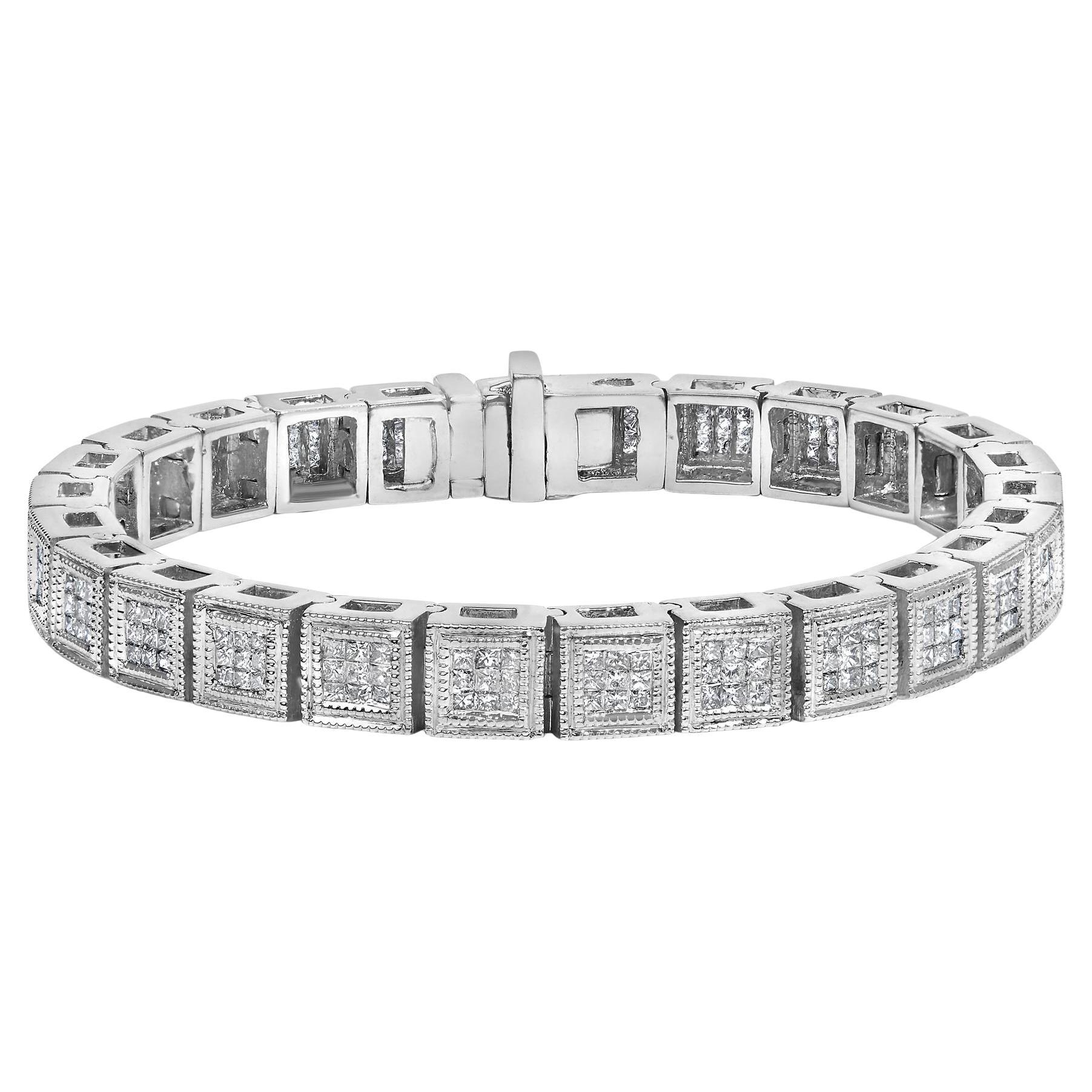 14K White Gold 2 1/5 Ctw Princess Diamond Box Link with Milgrain Tennis Bracelet