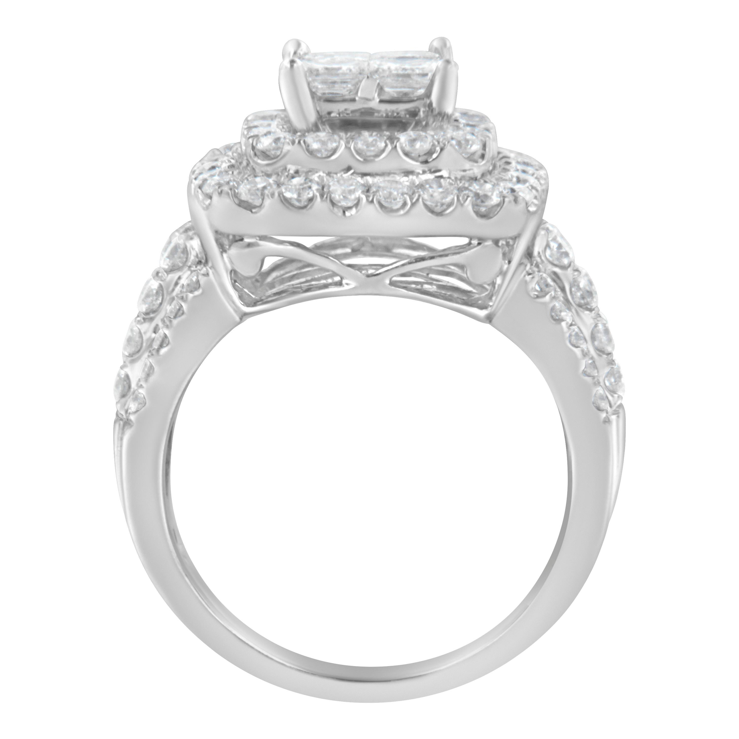A diamond cocktail ring that sparkles with a central square cluster of princess cut diamonds surrounded by a double halo of round diamonds. The wide band is crafted in 14 karat white gold and has four rows of round diamonds. It has a total diamonds