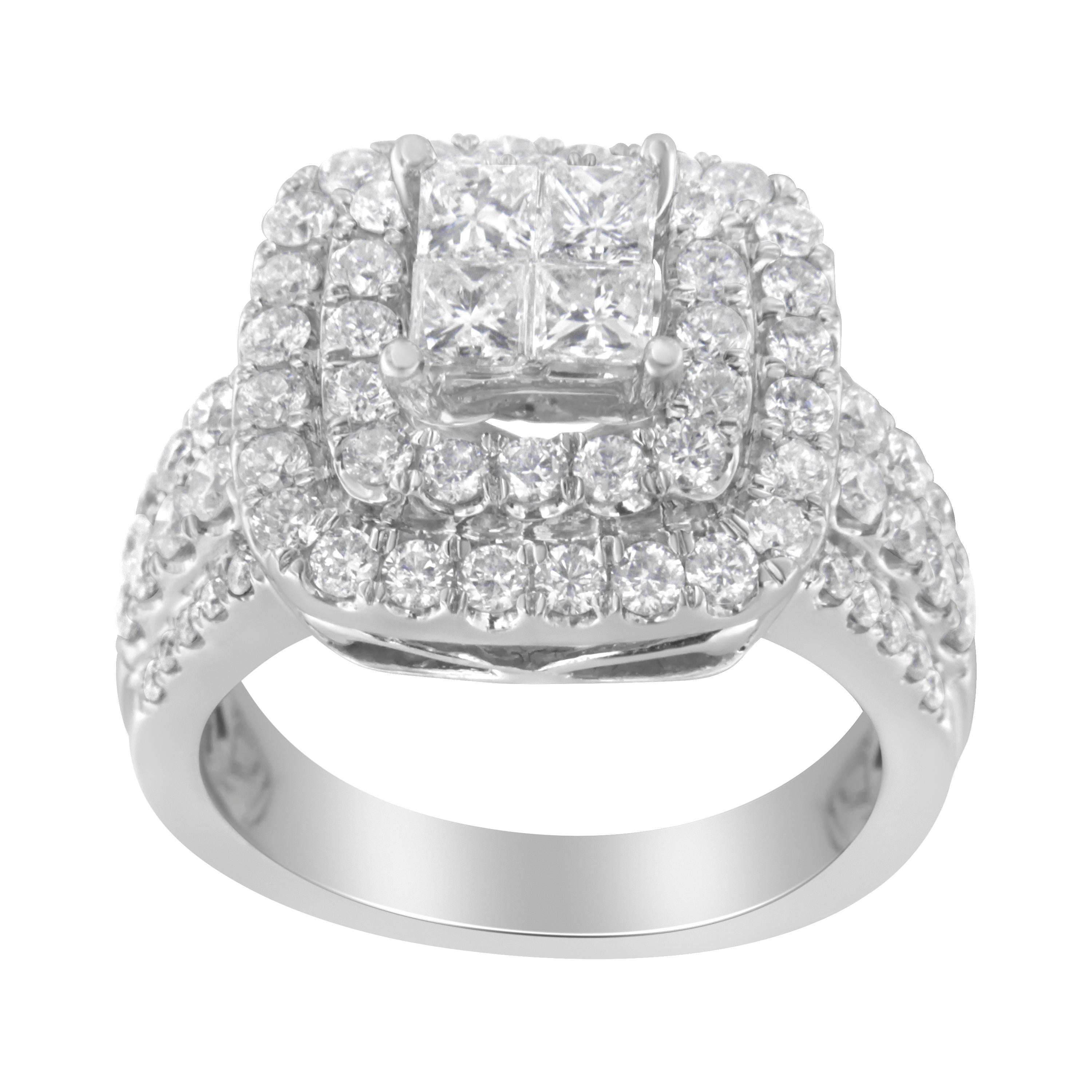 Contemporary 14K White Gold 2 ¼ Carat Round and Princess Diamond Ring For Sale