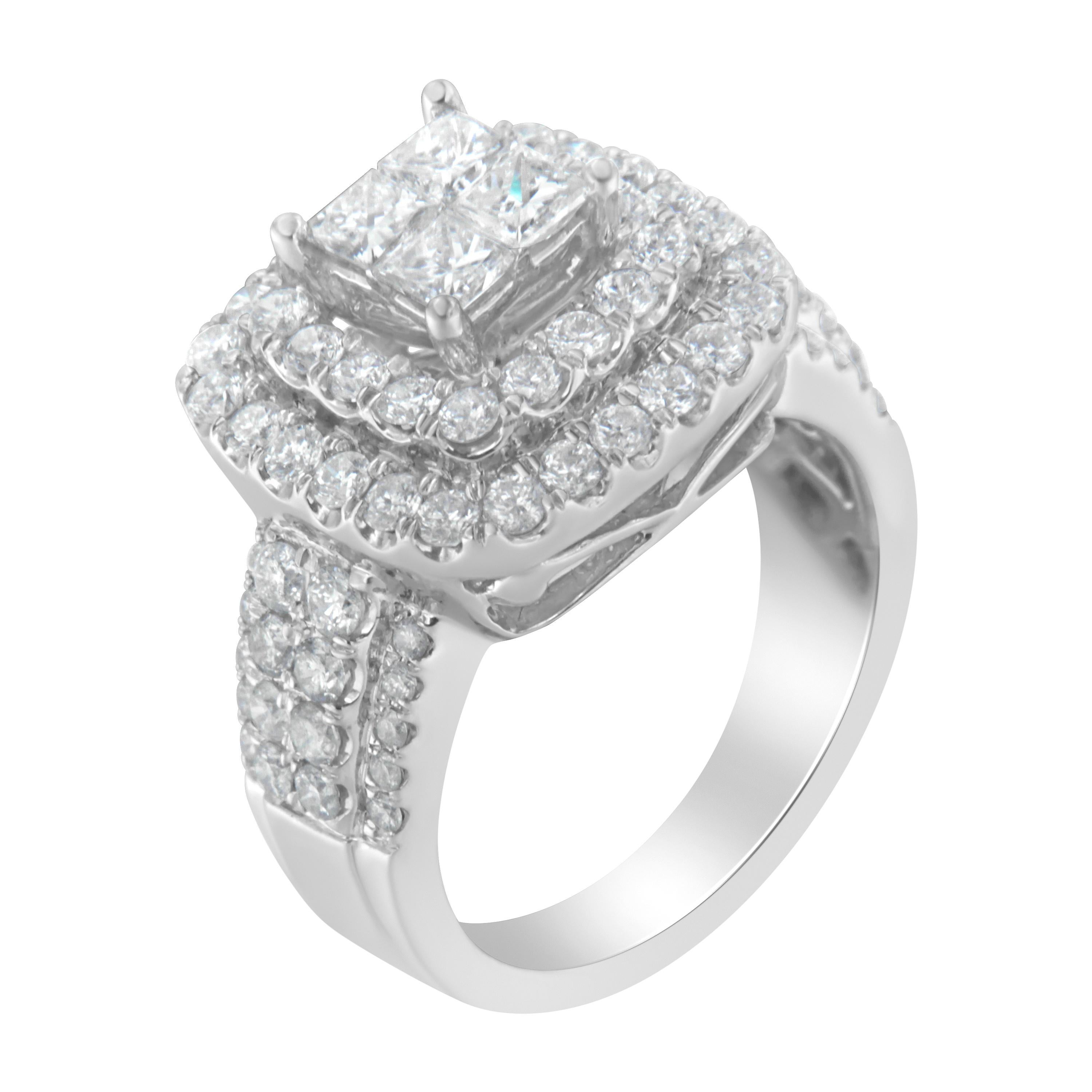 14K Weißgold 2 ¼ Karat Rund und Prinzessin Diamant Ring (Carréschliff) im Angebot