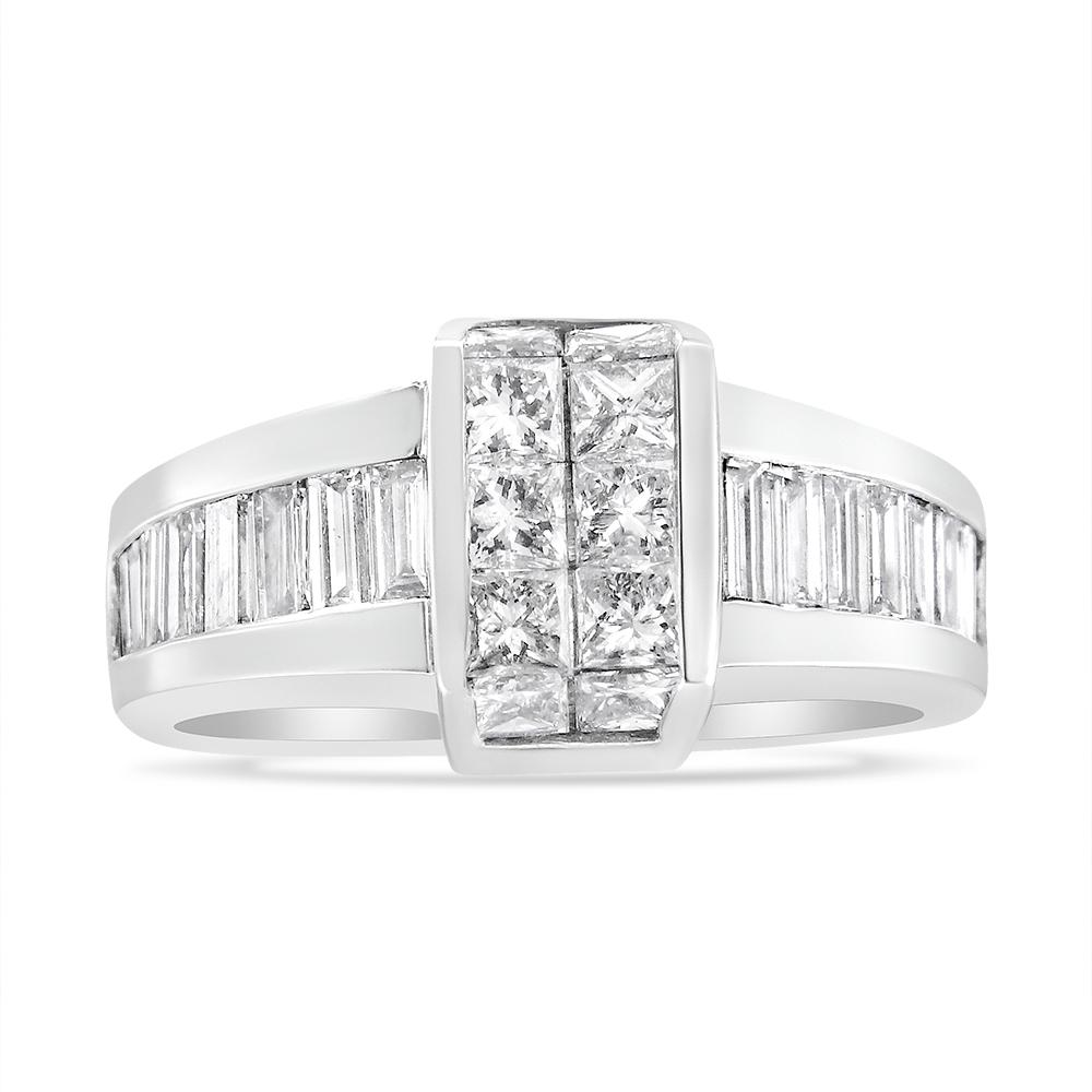 Give your special someone the timeless gift of diamonds. This 14k white gold step up ring will bring her endless pleasure. Two vertical rows of princess-cut diamonds show off their intricate facets from invisible settings which serve to amplify the