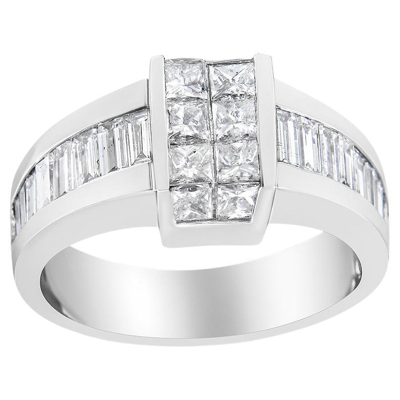 14K White Gold 2 3/4 Carat Princess and Baguette Diamond Step Up Cocktail Ring