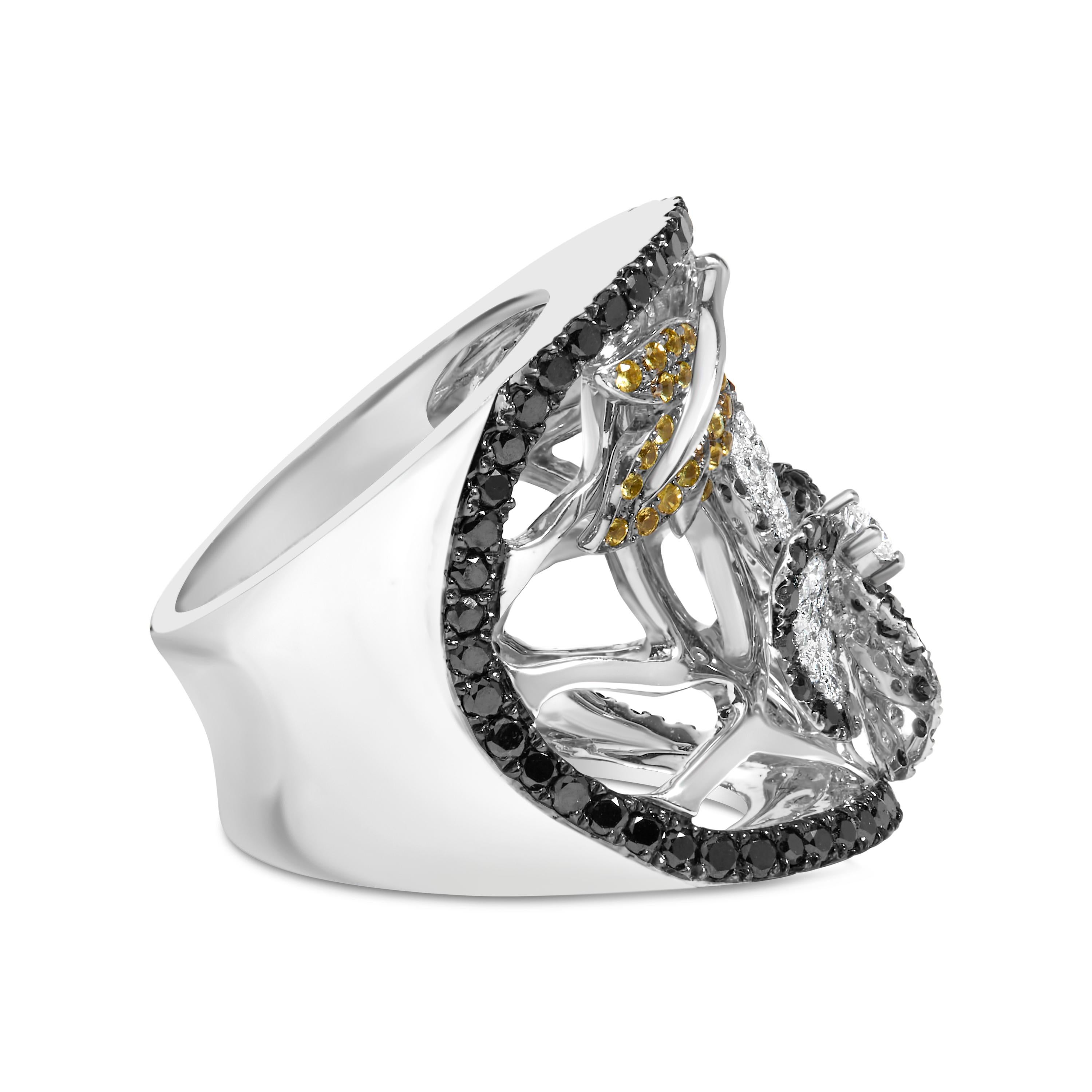Embrace the allure of delicate artistry and striking contrasts with this 14K white gold cocktail ring. Rhodium-plated for a brilliant shine, it showcases a magnificent floral motif that interweaves natural white diamonds and dramatic, treated black