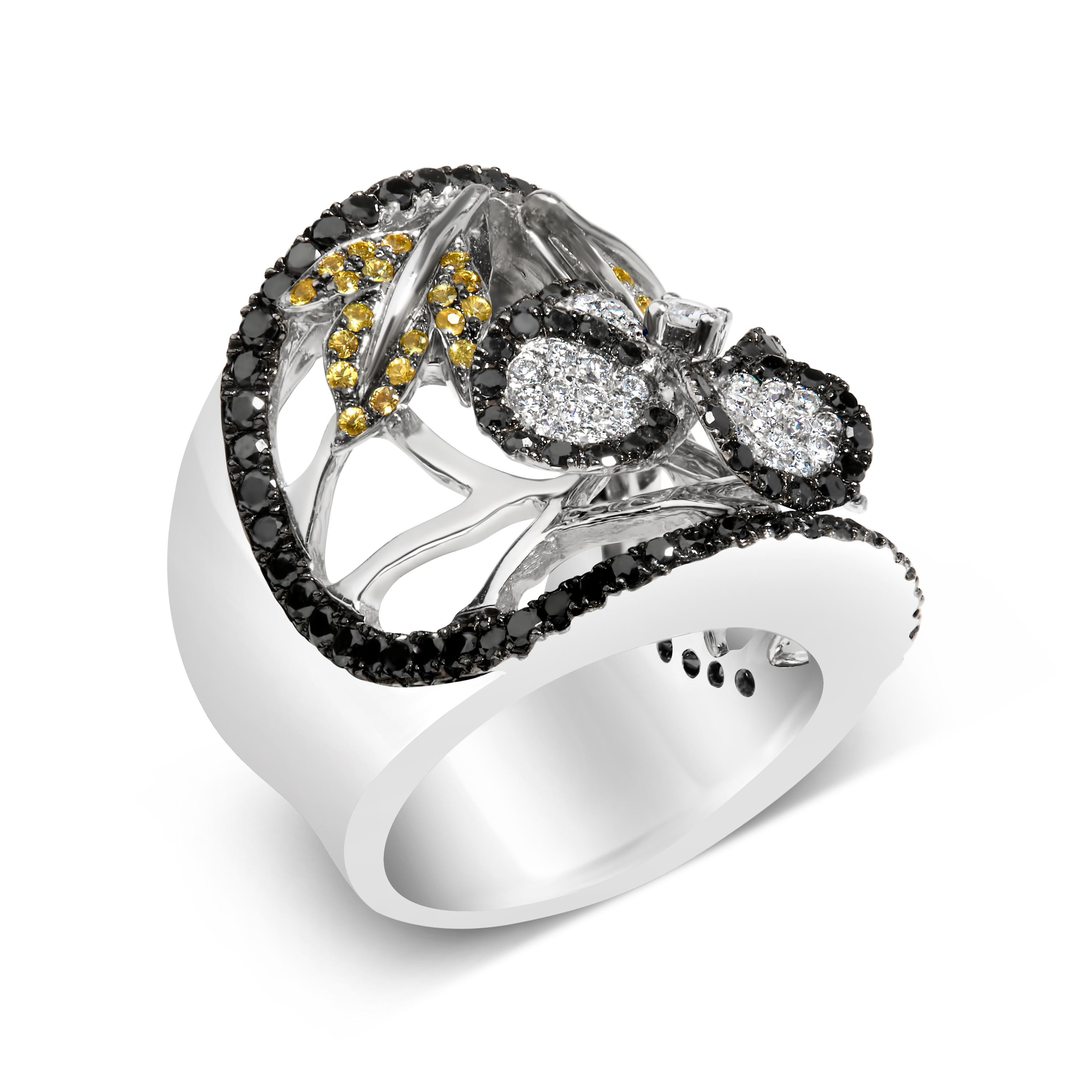 Modern 14K White Gold 2 3/5ct Black & White Diamond and Sapphire Cocktail Ring Band For Sale