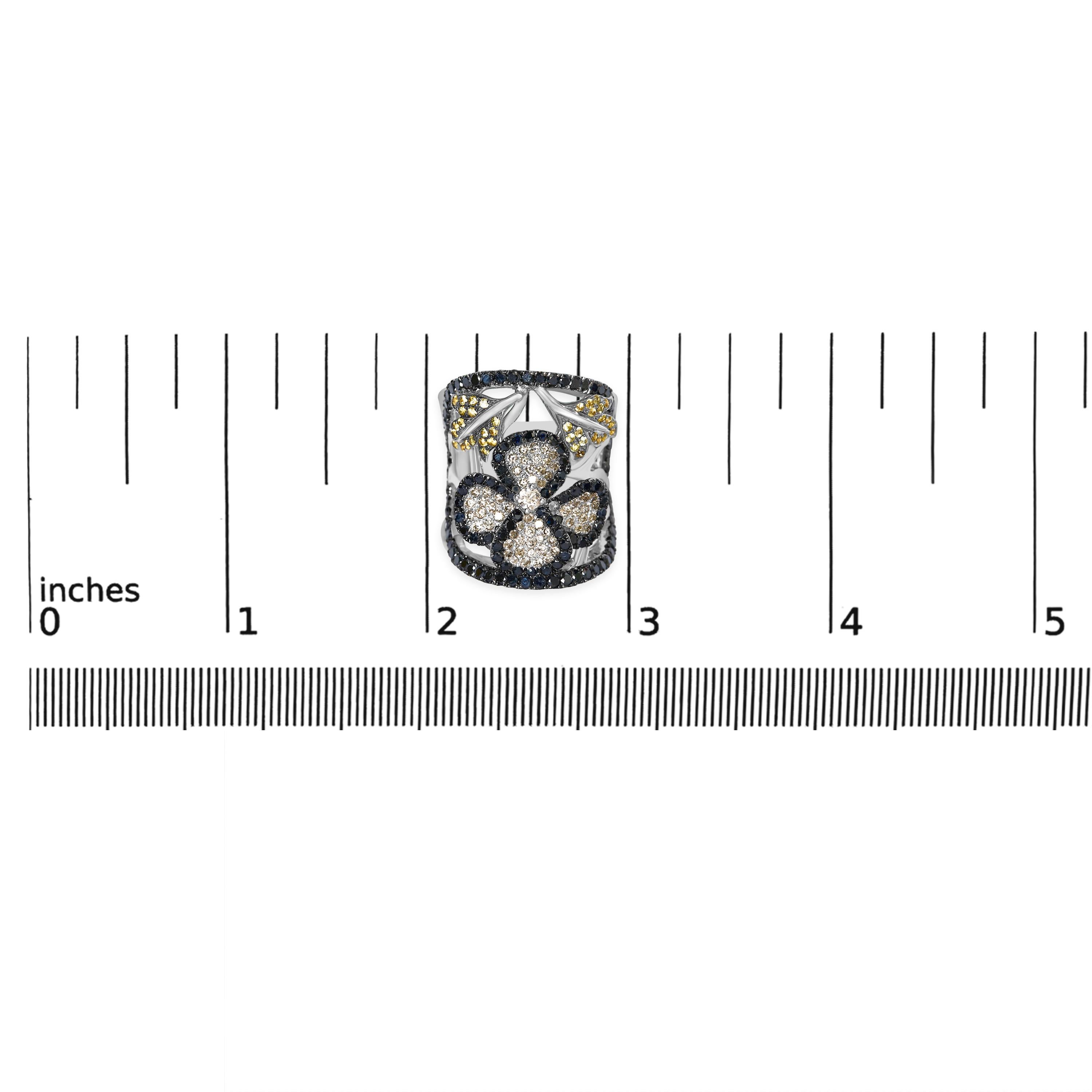 Round Cut 14K White Gold 2 3/5ct Black & White Diamond and Sapphire Cocktail Ring Band For Sale