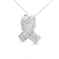 14K White Gold 2 5/8 Carat Round and Baguette Diamond Awareness Ribbon Pendant