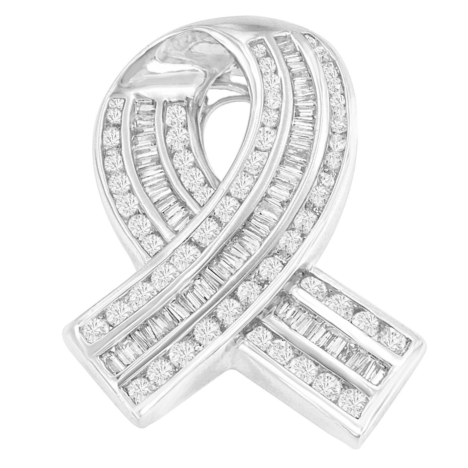 Contemporary 14K White Gold 2 5/8 Carat Round and Baguette Diamond Awareness Ribbon Pendant