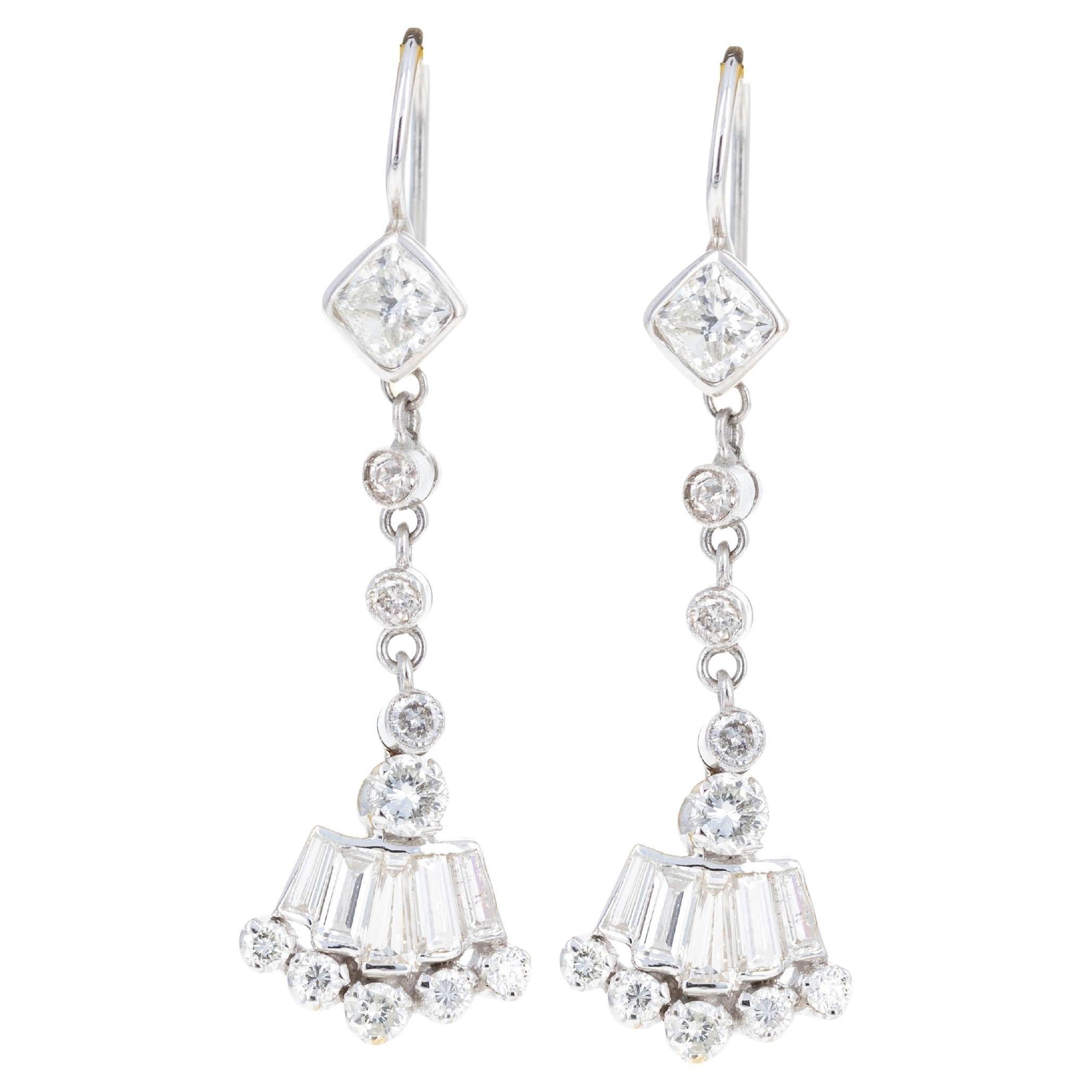 14K White Gold 2 Carat Diamond Fan Dangle Earrings