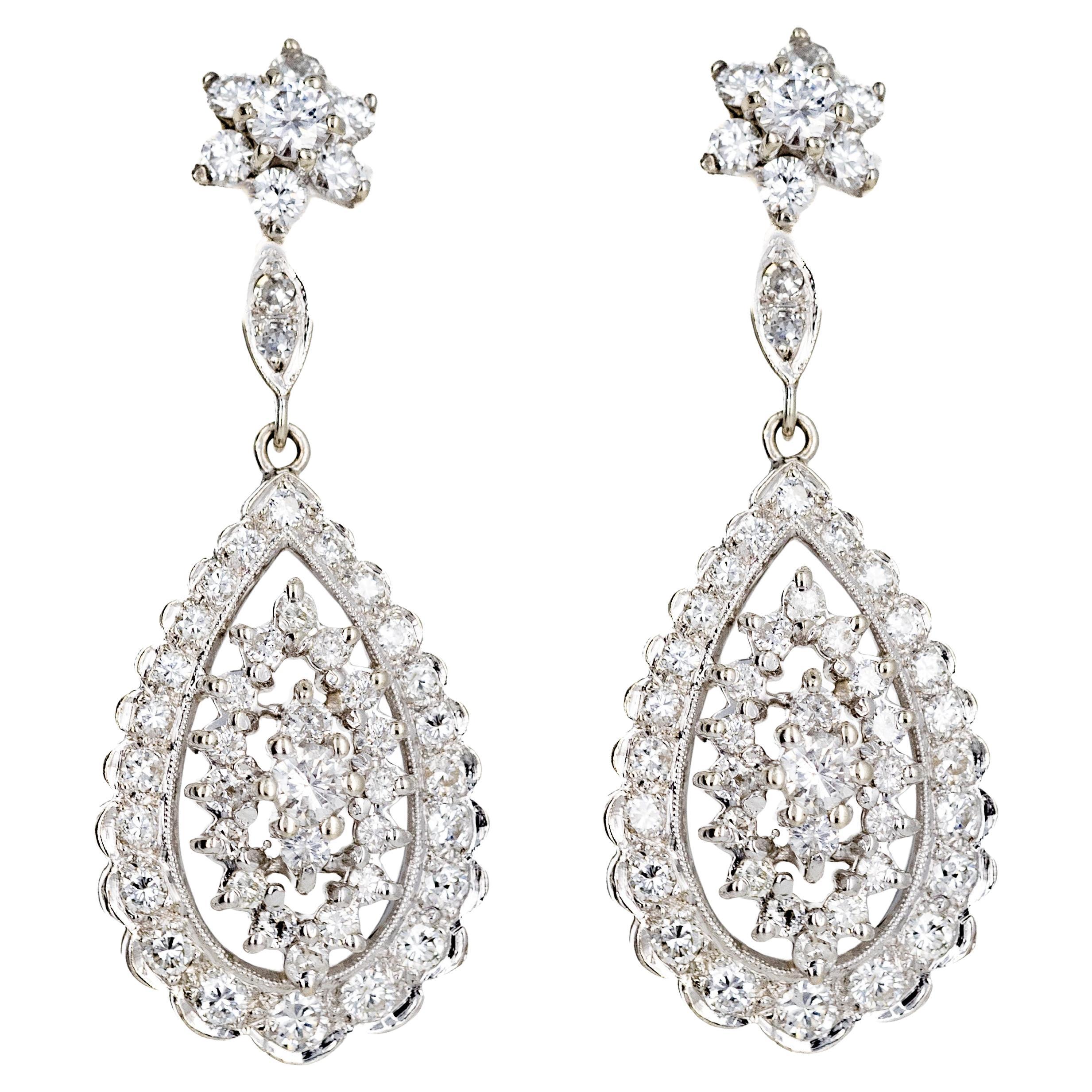 14K White Gold 2 Carat Diamond Flower Drop Earrings