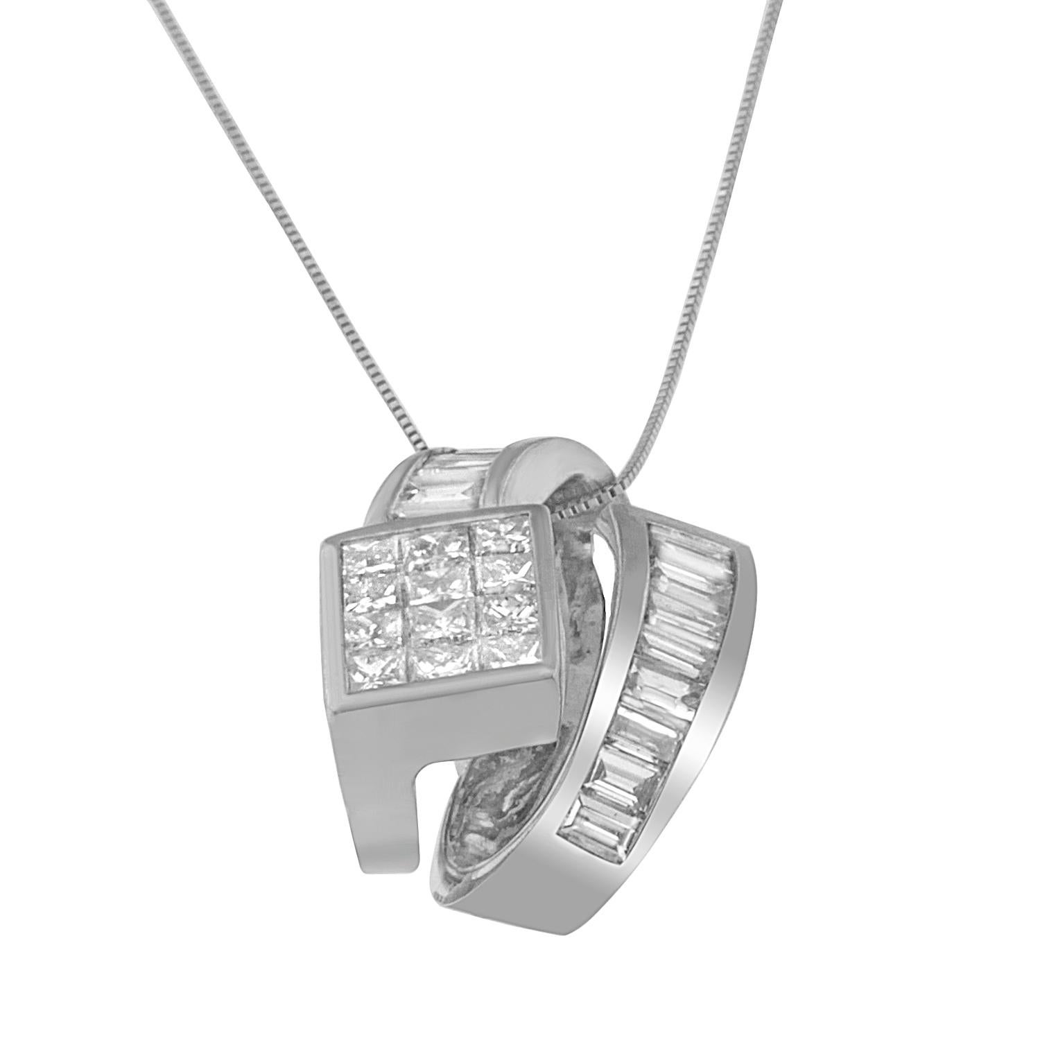 This eye-catchingly unique 14k white gold double loop pendant will be the envy of all! Channel set baguette-cut diamonds embellish the outer circumference. A solid 3x4 square of princess cut diamonds beautifully completes the piece. This beautiful