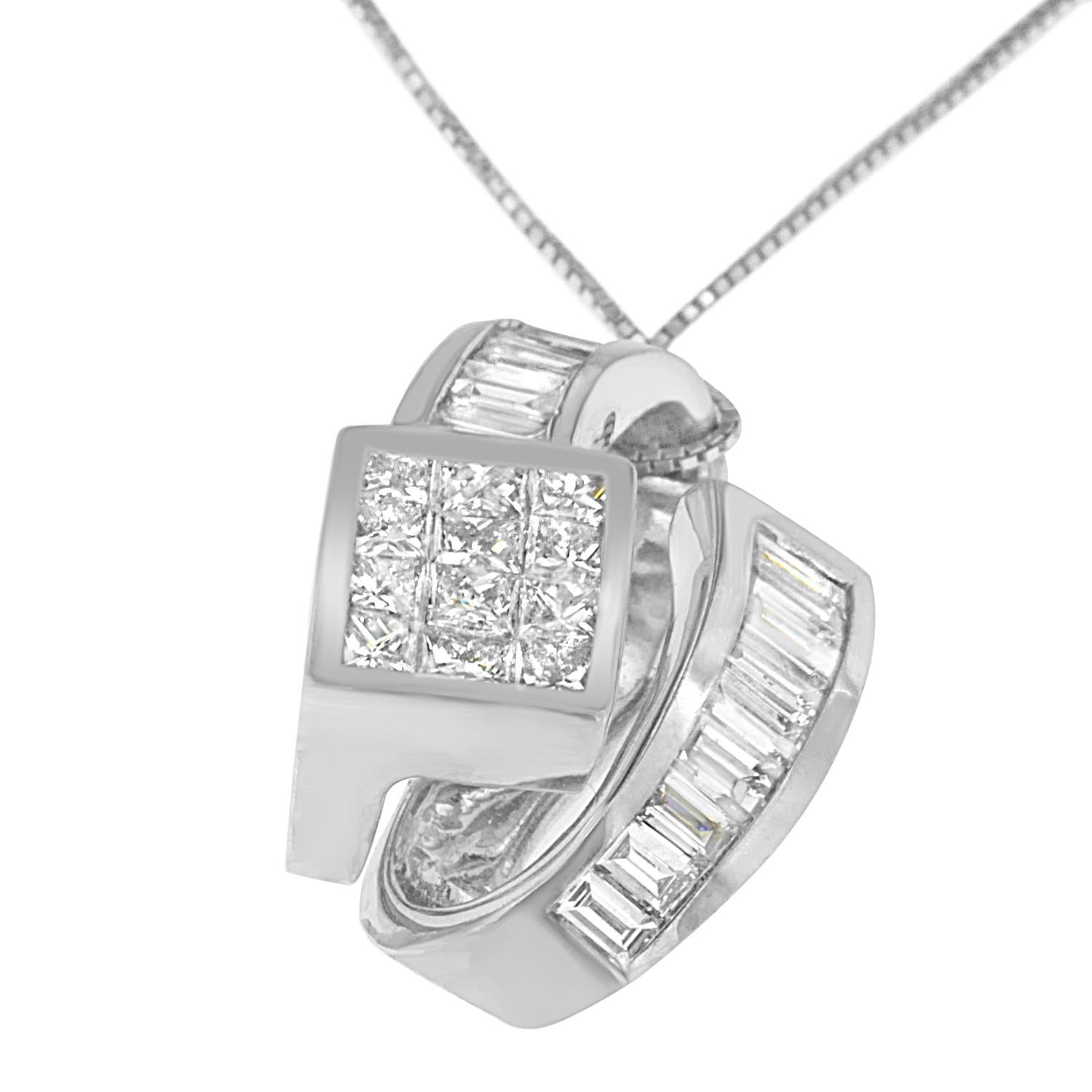 Baguette Cut 14k White Gold 2 Cttw Diamond Double Loop Pendant Necklace For Sale