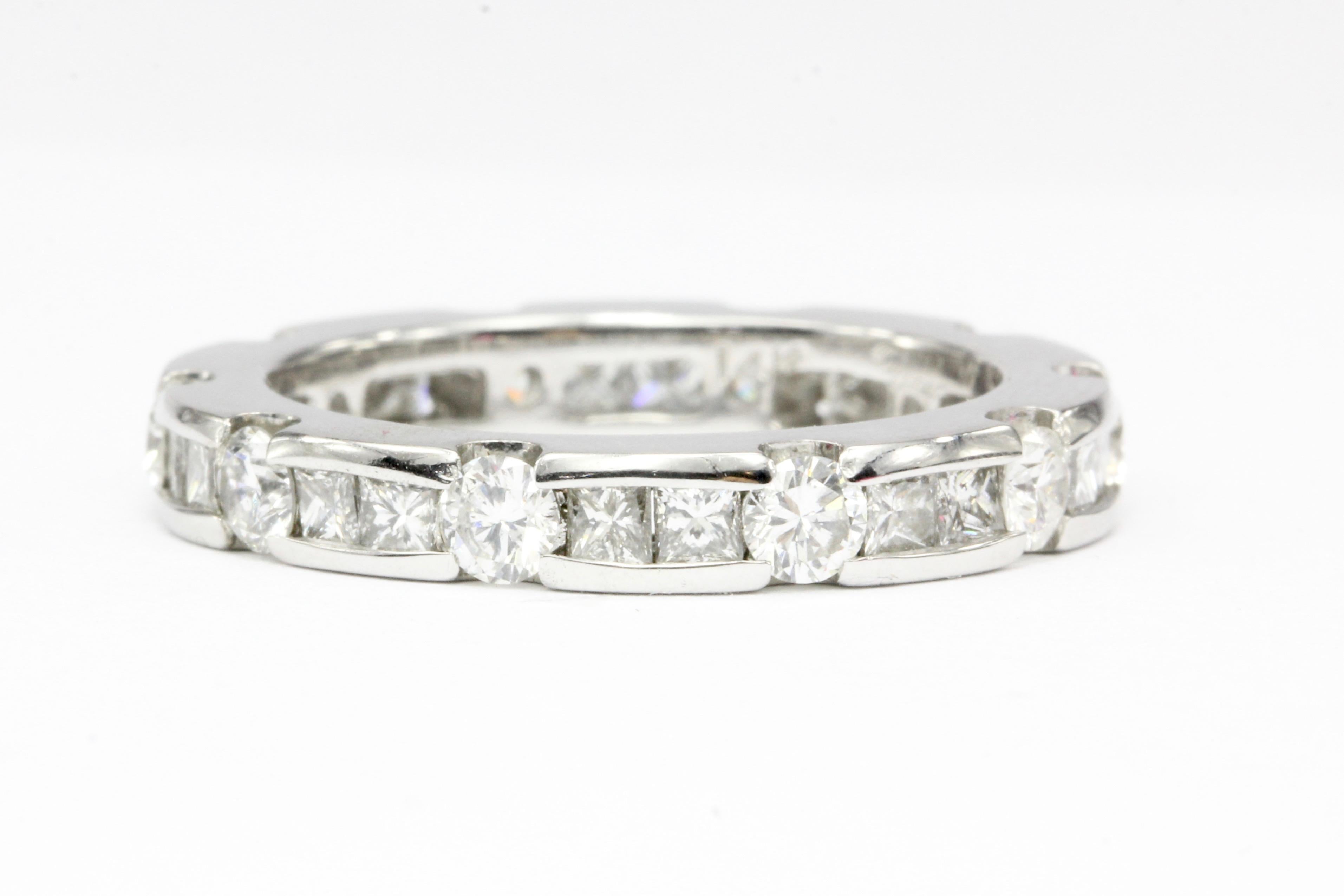 Era: Modern

Hallmarks: 14K, Dana

Composition: 14K White Gold

Primary Stone: Diamonds

Shape: Round and Princess Cuts

Color/Clarity: G/H - SI1/2

Total Diamond Weight: Approximately 2 carats

Ring Width: 3.85mm 

Rise Above Finger: 3.18mm

Ring