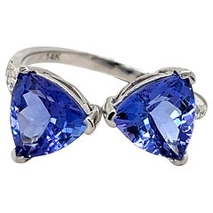 14k White Gold 2- Stone Trillion Shaped Tanzanite & Diamond Engagement Band Ring
