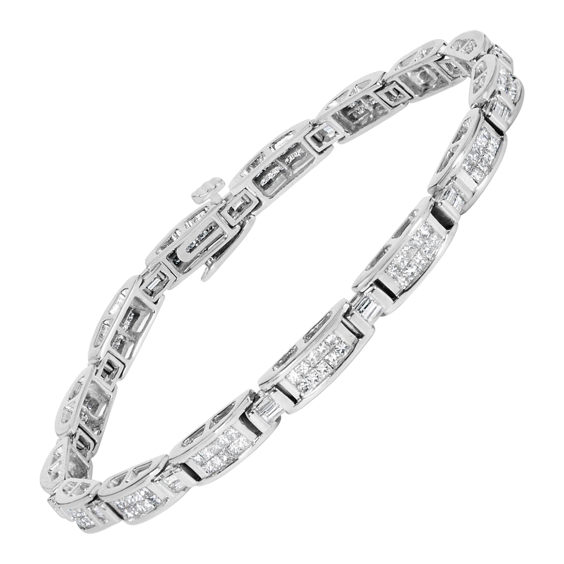 Pulsera de tenis de oro blanco de 14 quilates con diamantes talla princesa y baguette de 2,0 quilates