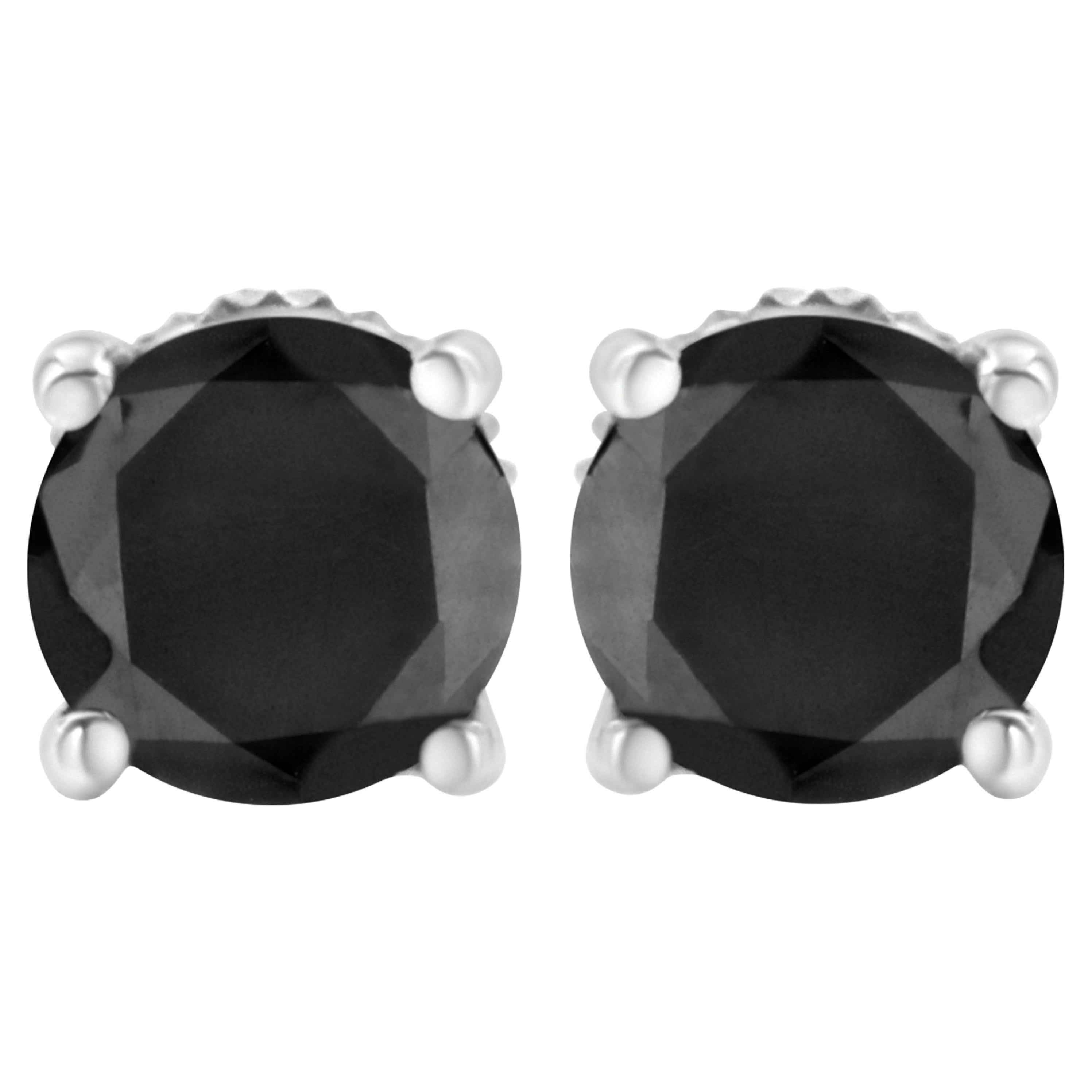 14K White Gold 2.0 Carat Black Diamond Screw-Back 4-Prong Classic Stud Earrings