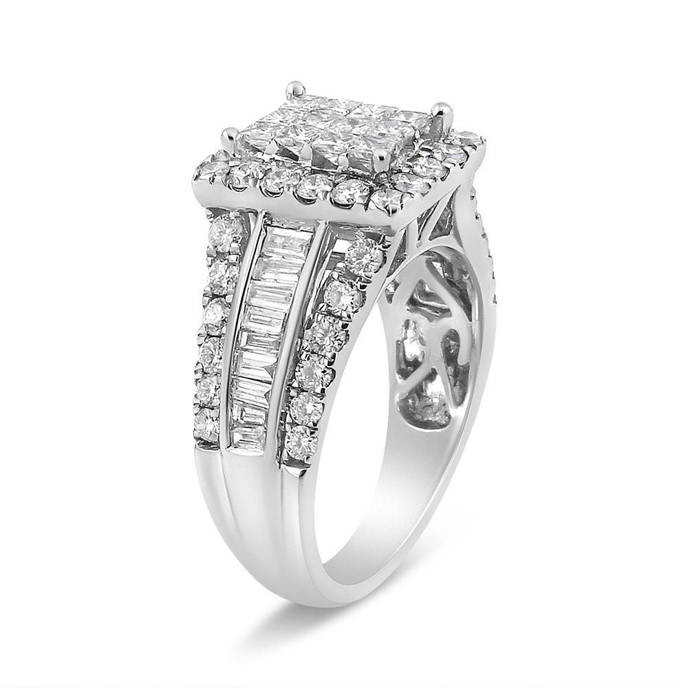 Contemporary 14K White Gold 2.0 Carat Composite Head with Halo and Side Stones Diamond Ring For Sale