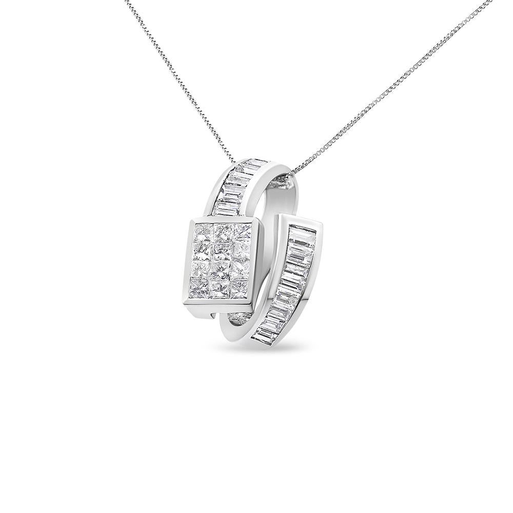 This eye-catchingly unique 14k white gold double loop pendant will be the envy of all! Channel set baguette-cut diamonds embellish the outer circumference. A solid 3x4 square of princess cut diamonds beautifully completes the piece.

Video Available
