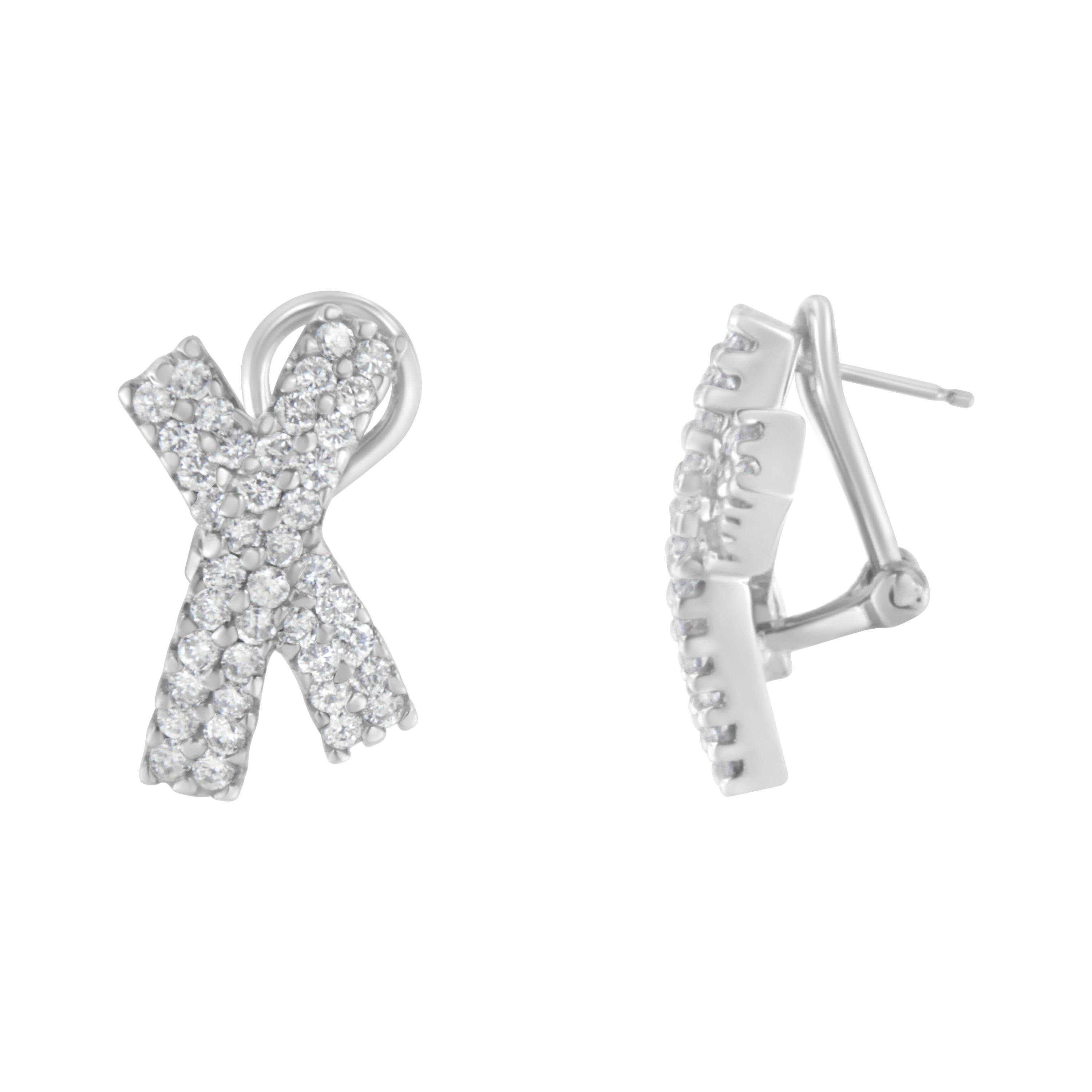 These shimmering dangle stud earrings are crafted in cool 14k white gold. Overlapping bands highlighted with two rows of round cut diamonds create an 