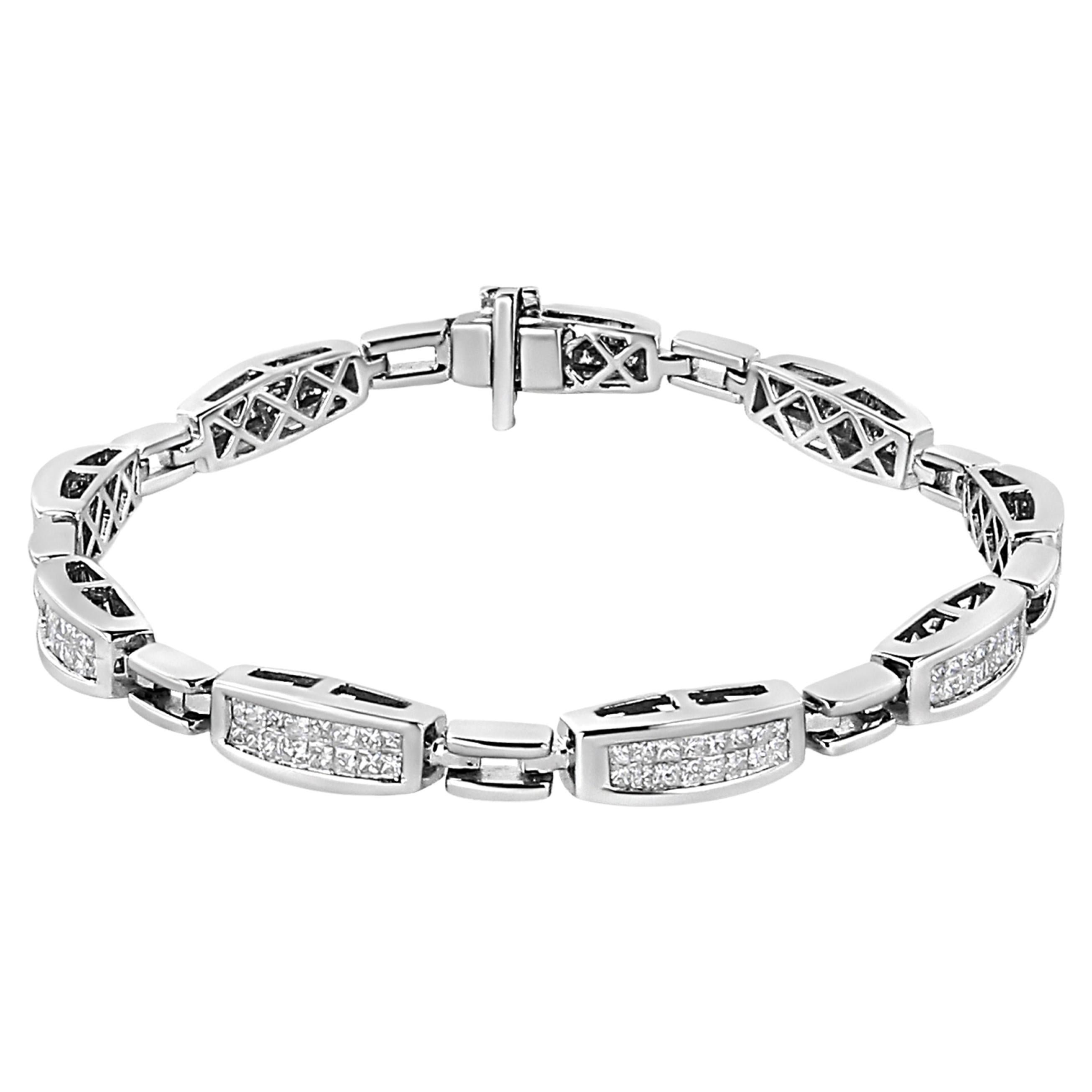 Bracelet à maillons princesse en or blanc 14 carats avec diamants de 2,0 carats sertis invisibles