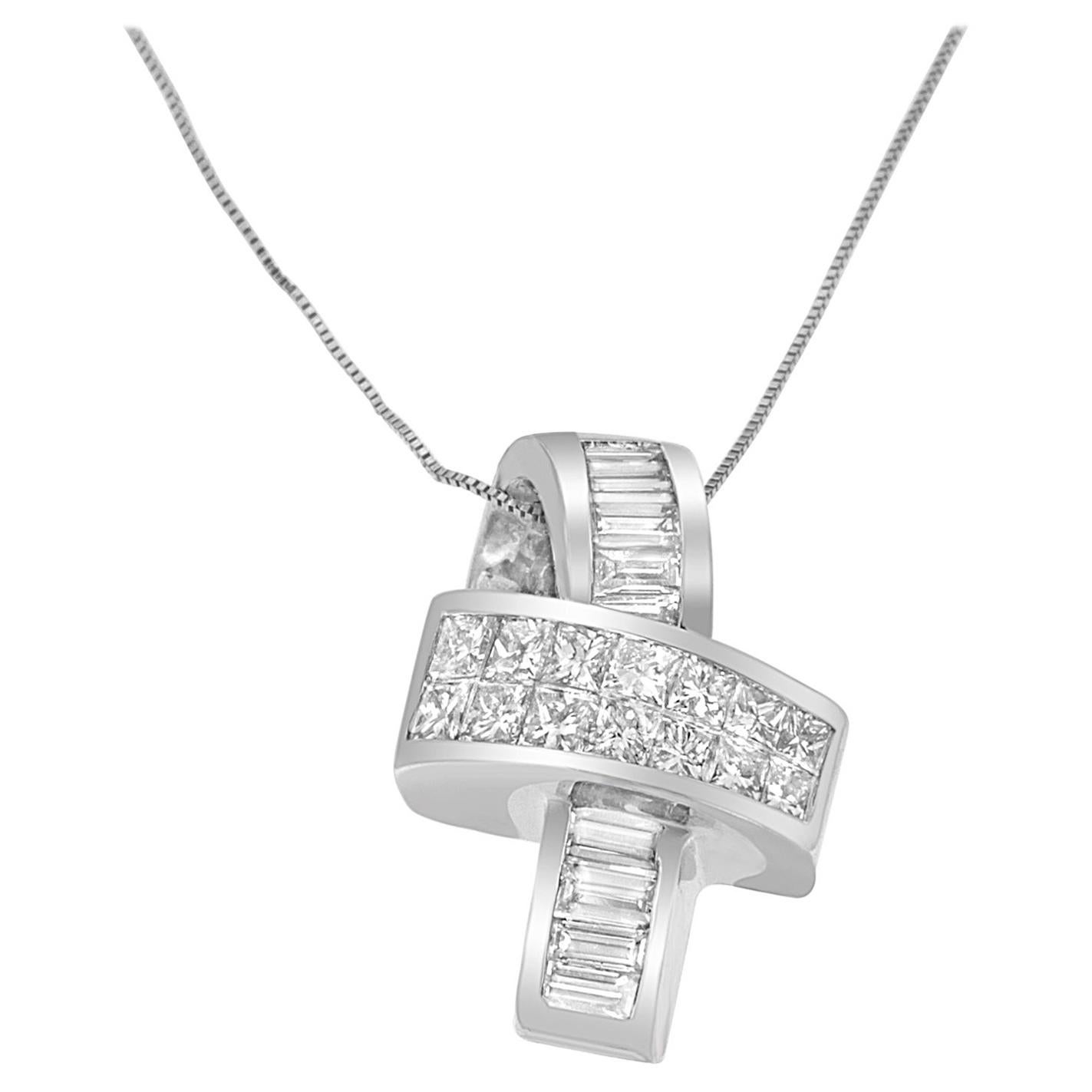 14K White Gold 2.0 Carat Princess & Baguette Cut Diamond Ribbon Pendant Necklace