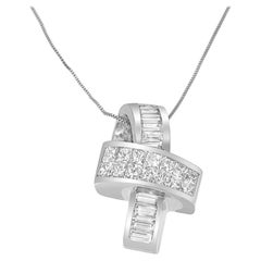 14K White Gold 2.0 Carat Princess & Baguette Cut Diamond Ribbon Pendant Necklace