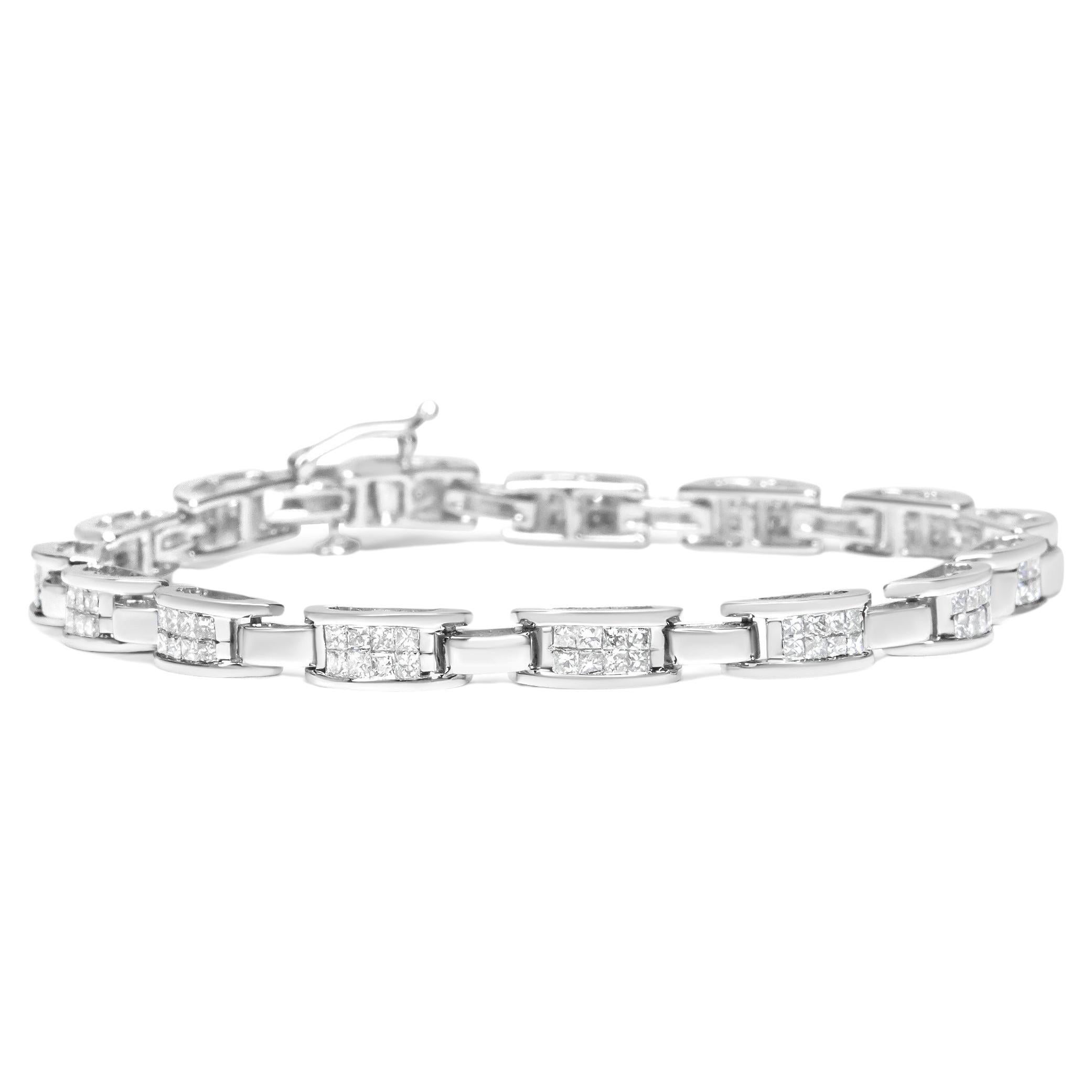 14K White Gold 2.0 Carat Princess Cut Diamond Rectangular Link Bracelet For Sale