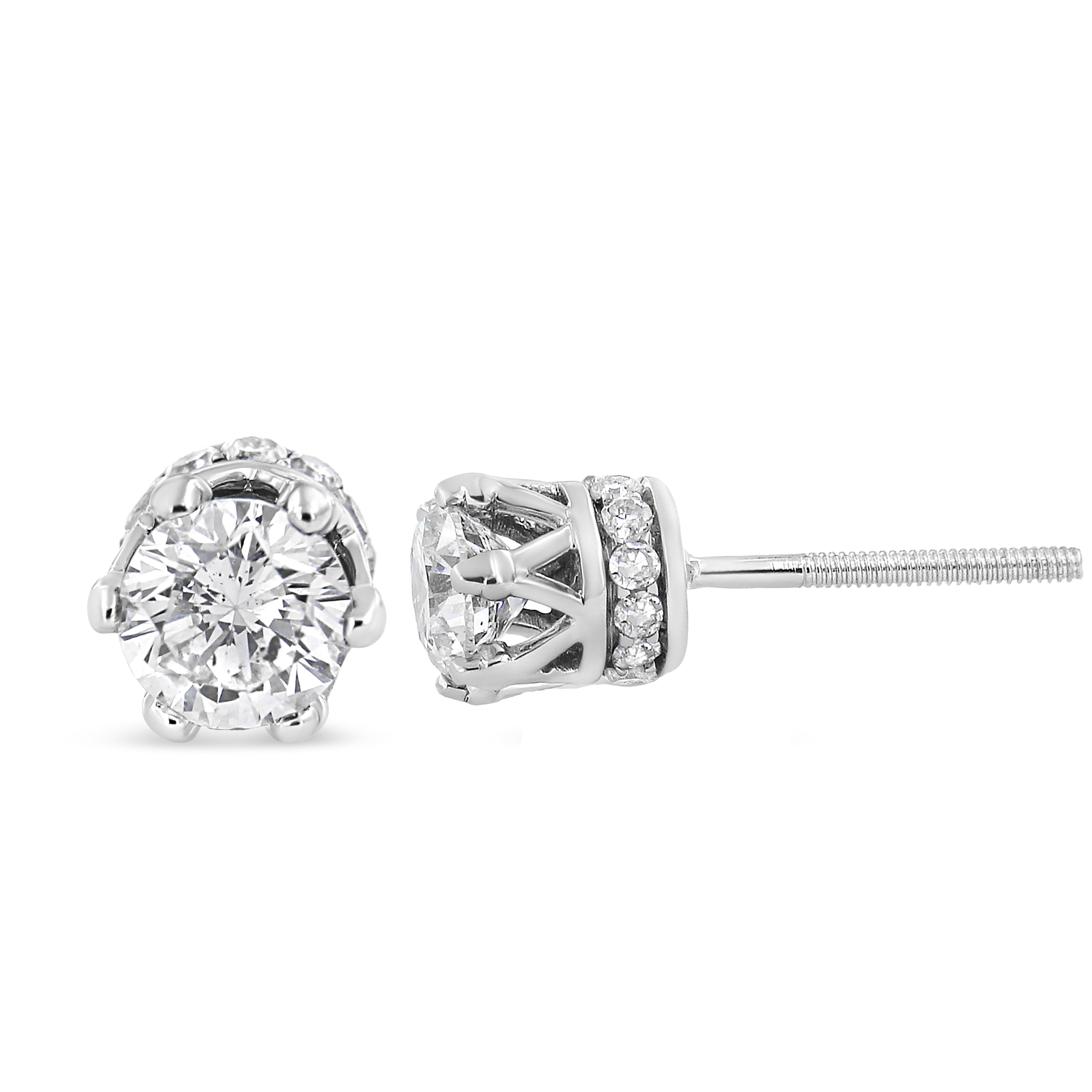 Contemporary 14K White Gold 2.0 Carat Round Cut Prong-Set Diamond Crown Stud Earring For Sale
