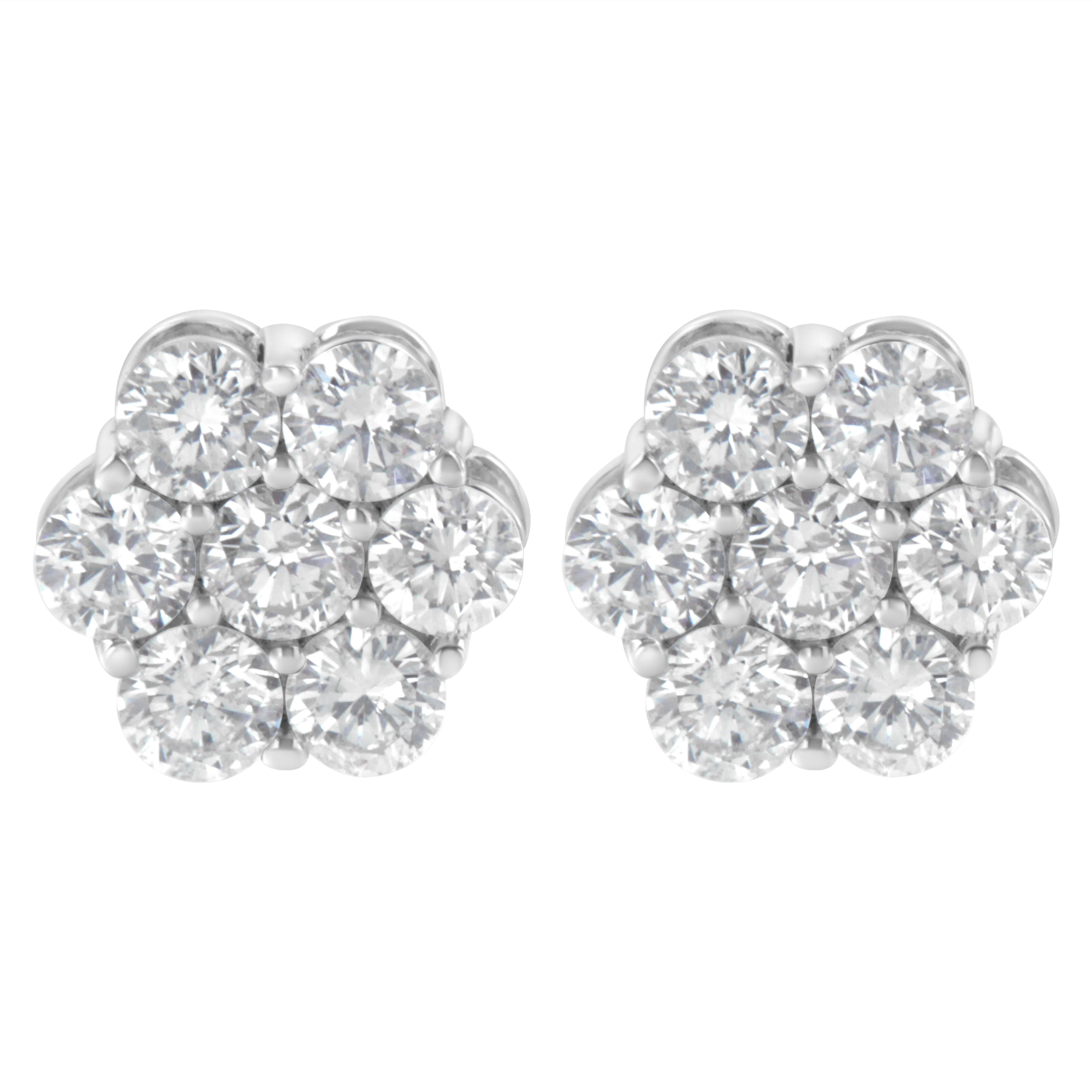 Round Cut 14K White Gold 2.0 Carat Round Diamond Floral Cluster Screwback Stud Earring