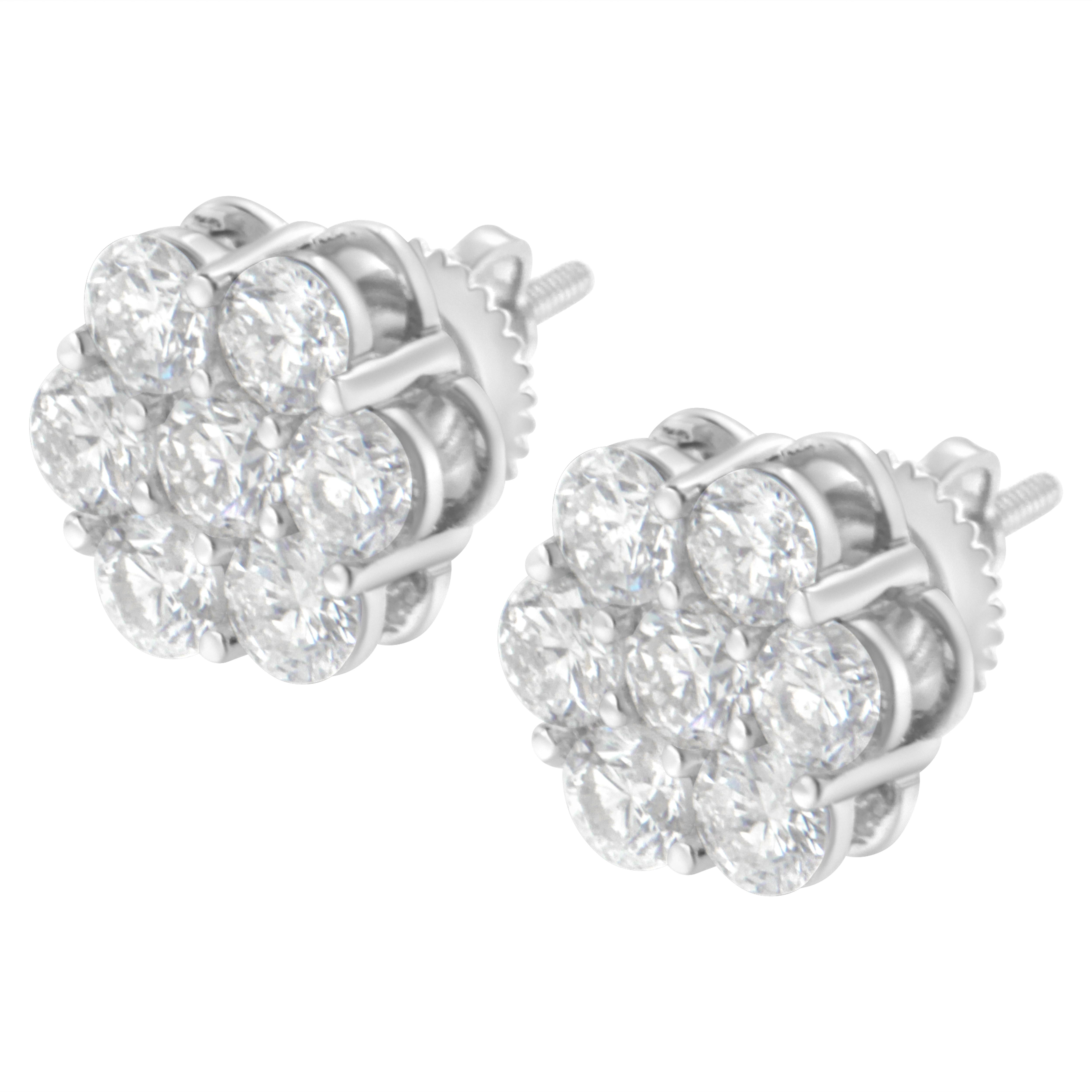 14K White Gold 2.0 Carat Round Diamond Floral Cluster Screwback Stud Earring In New Condition In New York, NY
