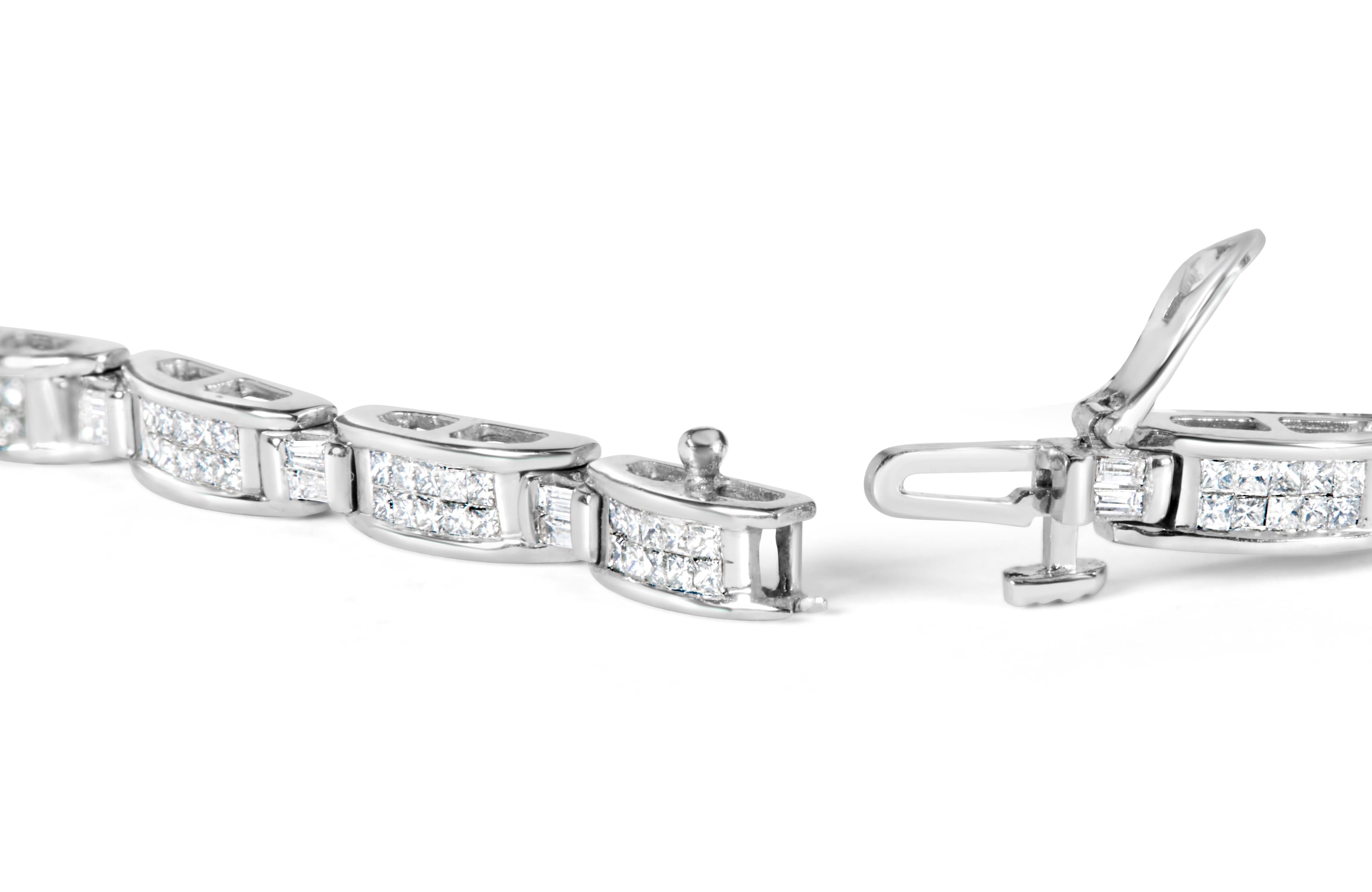 This breathtaking tennis bracelet is a true testament to the beauty of natural diamonds. Crafted from exquisite 14K white gold, this bracelet boasts a total of 150 diamonds, including 30 baguette-cut and 120 princess-cut diamonds, totaling an