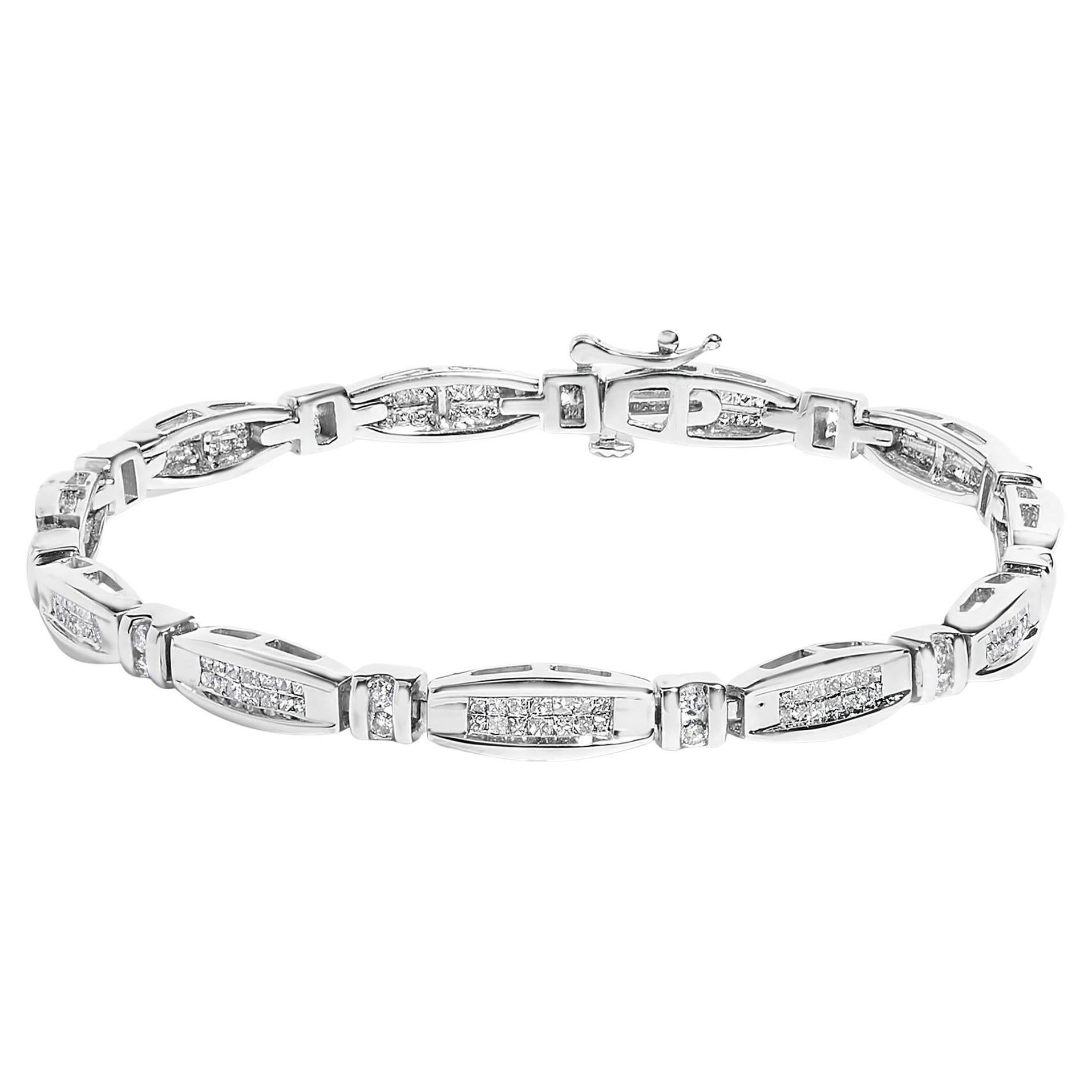 14K White Gold 2.0 Cttw Princess and Round Diamond Bar and Link Bracelet